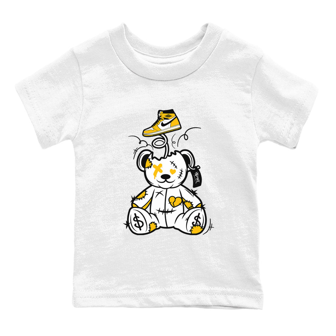1s Yellow Ochre shirt to match jordans Surprise Teddy Bear sneaker tees streetwear brand Air Jordan 1 High OG Yellow Ochre SNRT sneaker release tees baby toddler White 2 cotton Shirt