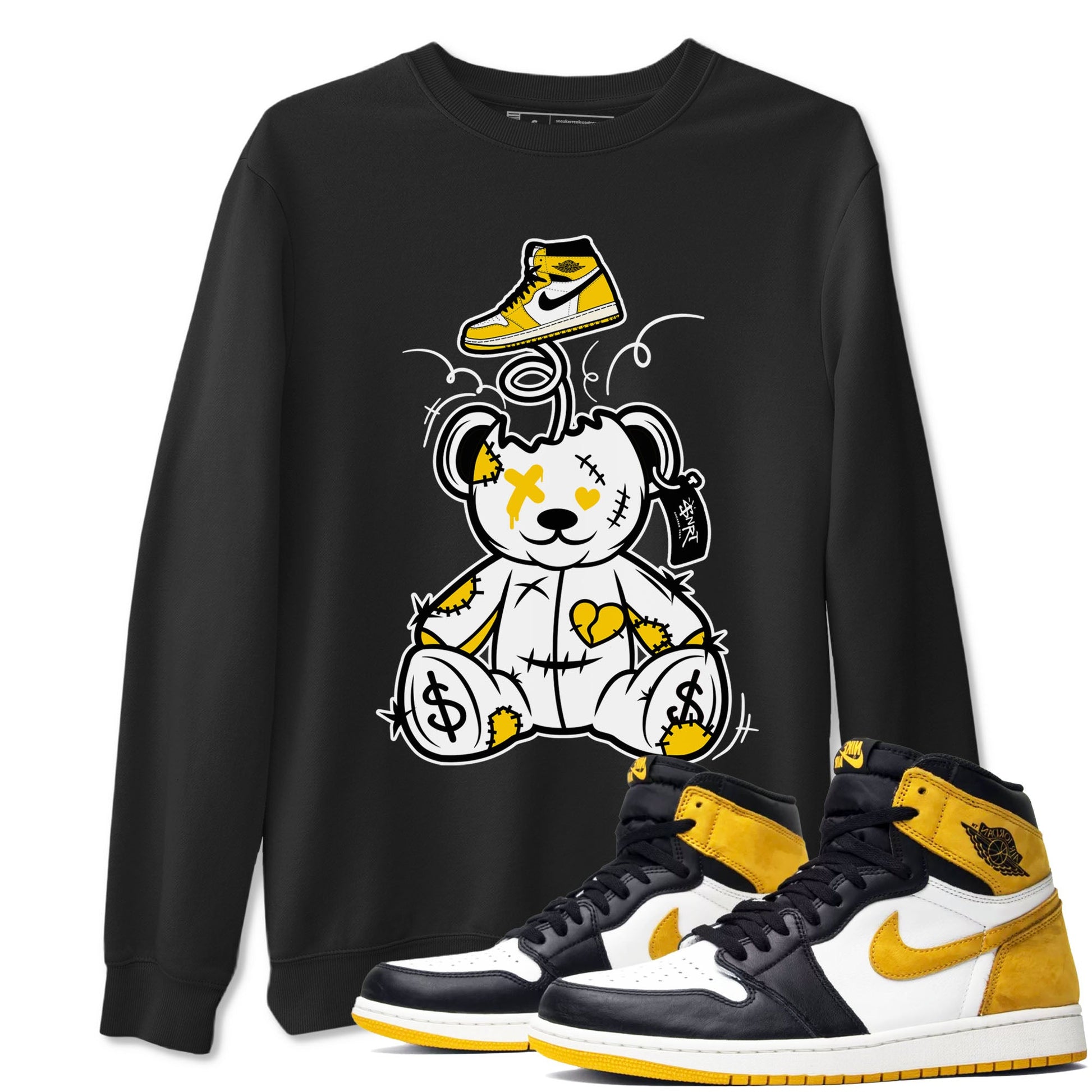 1s Yellow Ochre shirt to match jordans Surprise Teddy Bear sneaker tees streetwear brand Air Jordan 1 High OG Yellow Ochre SNRT Sneaker Release Tees unisex cotton Black 1 crew neck shirt