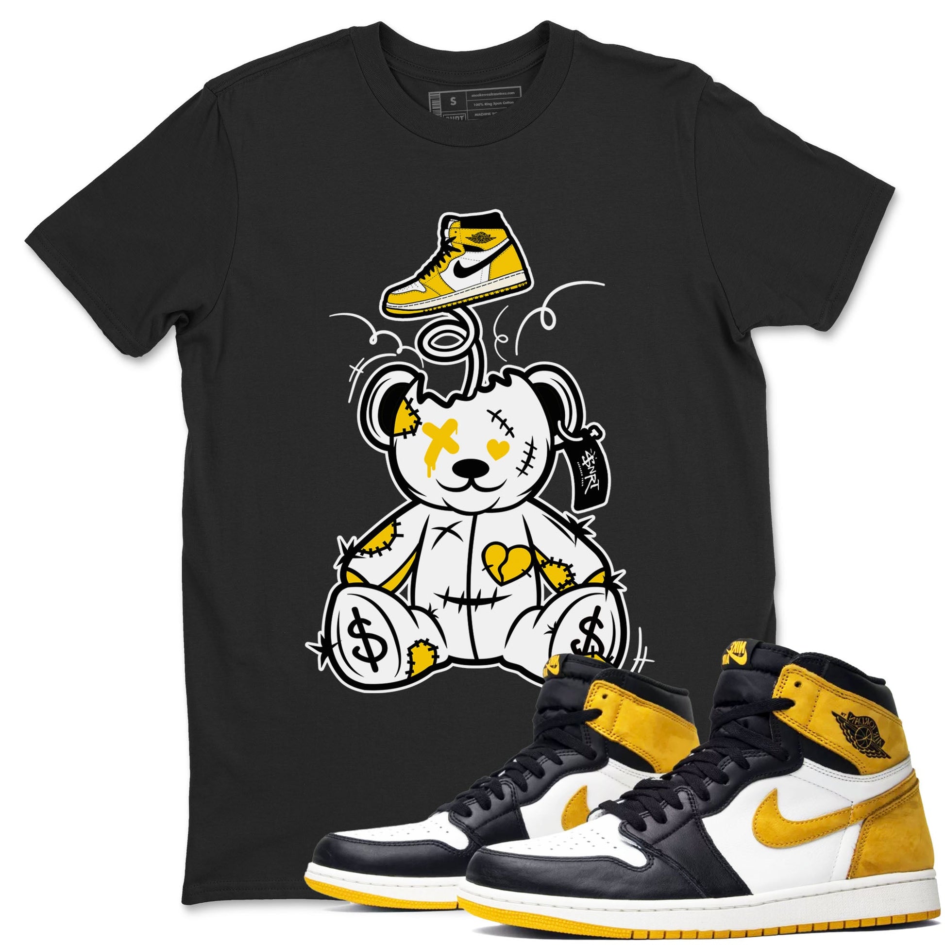 1s Yellow Ochre shirt to match jordans Surprise Teddy Bear sneaker tees streetwear brand Air Jordan 1 High OG Yellow Ochre SNRT Sneaker Release Tees unisex cotton Black 1 crew neck shirt