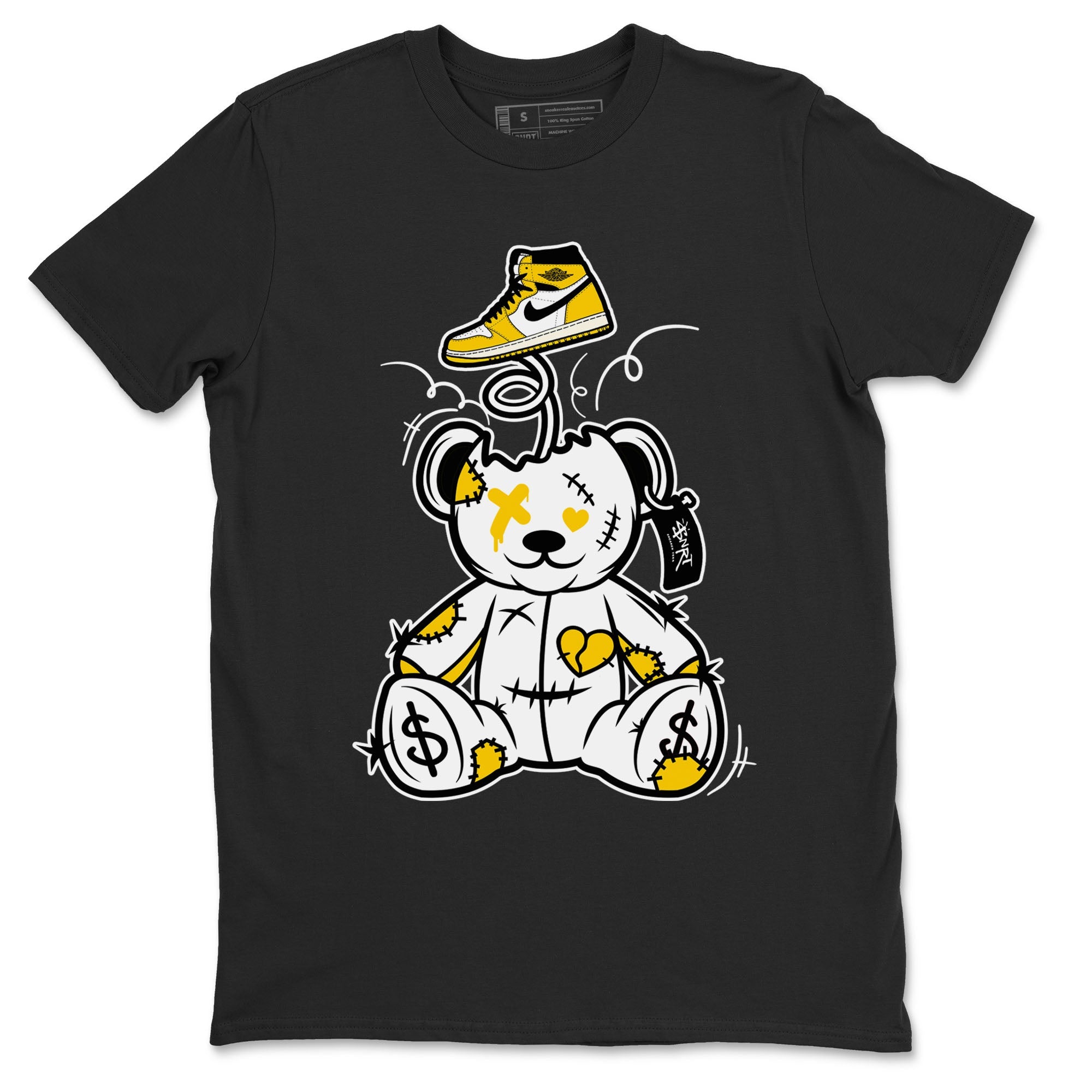 1s Yellow Ochre shirt to match jordans Surprise Teddy Bear sneaker tees streetwear brand Air Jordan 1 High OG Yellow Ochre SNRT Sneaker Release Tees unisex cotton Black 2 crew neck shirt