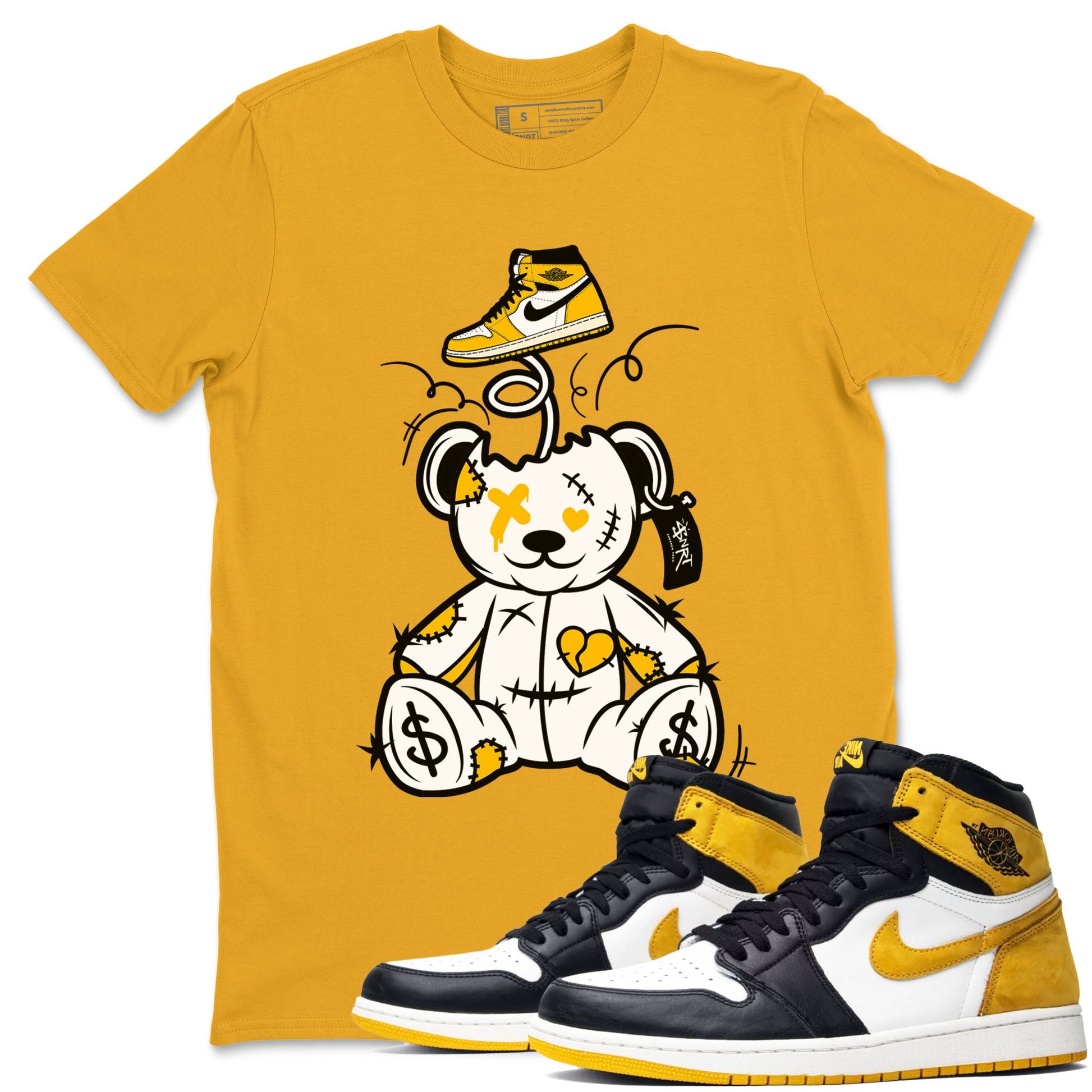 1s Yellow Ochre shirt to match jordans Surprise Teddy Bear sneaker tees streetwear brand Air Jordan 1 High OG Yellow Ochre SNRT Sneaker Release Tees unisex cotton Gold 1 crew neck shirt
