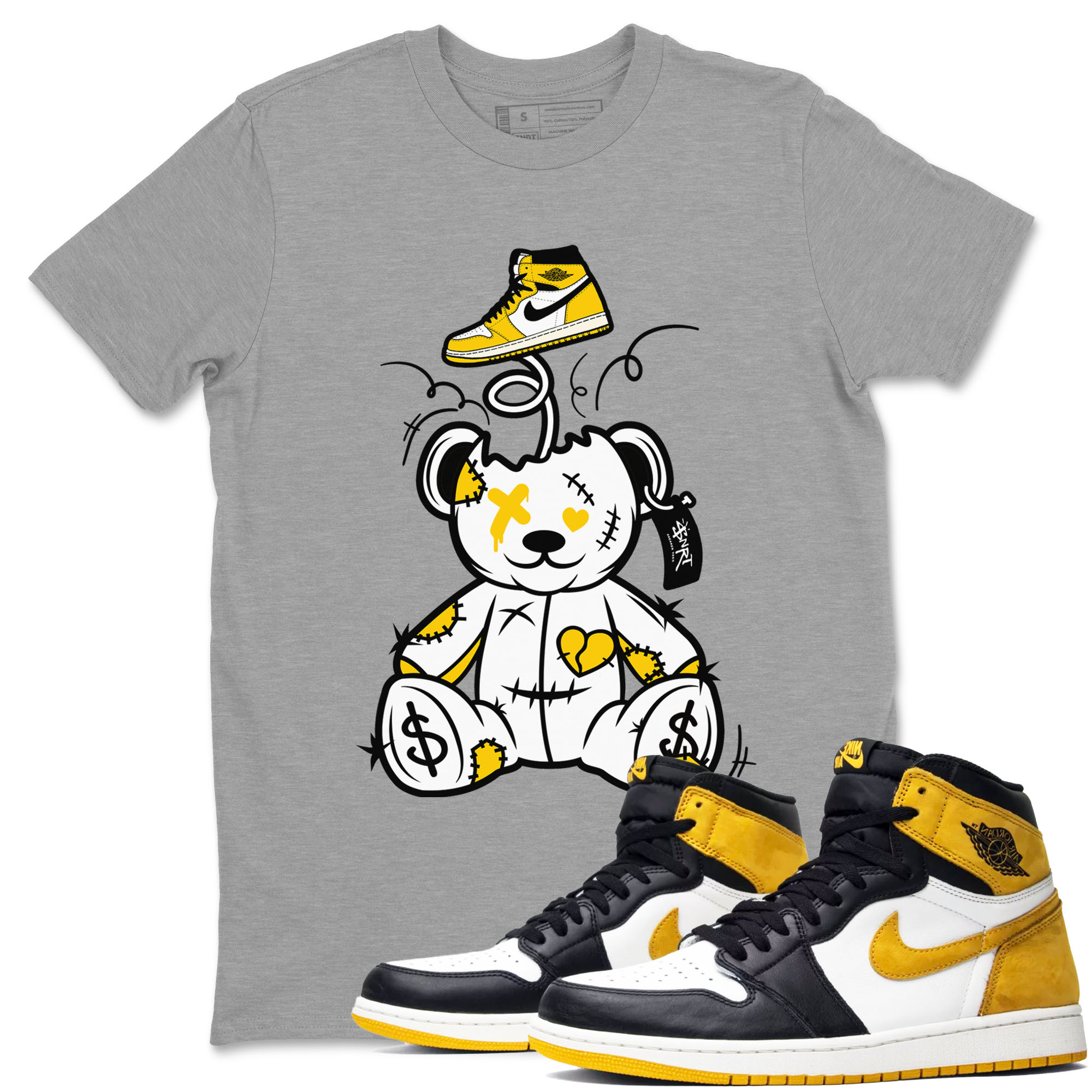 1s Yellow Ochre shirt to match jordans Surprise Teddy Bear sneaker tees streetwear brand Air Jordan 1 High OG Yellow Ochre SNRT Sneaker Release Tees unisex cotton Heather Grey 1 crew neck shirt