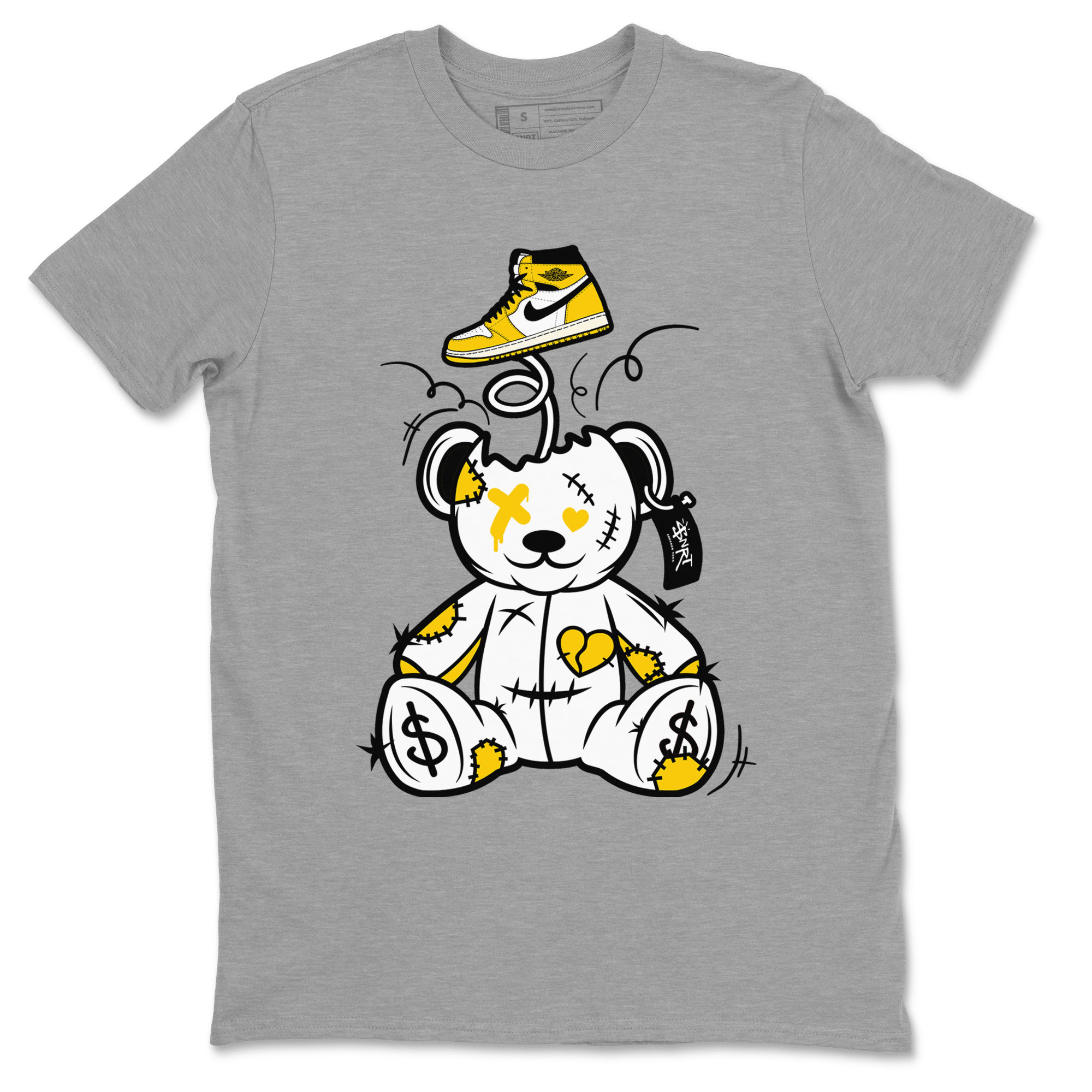 1s Yellow Ochre shirt to match jordans Surprise Teddy Bear sneaker tees streetwear brand Air Jordan 1 High OG Yellow Ochre SNRT Sneaker Release Tees unisex cotton Heather Grey 2 crew neck shirt