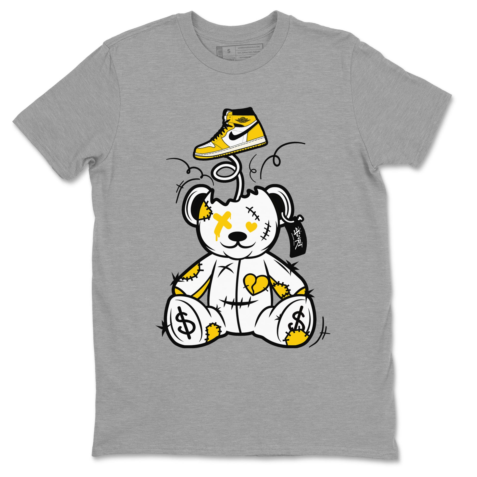 1s Yellow Ochre shirt to match jordans Surprise Teddy Bear sneaker tees streetwear brand Air Jordan 1 High OG Yellow Ochre SNRT Sneaker Release Tees unisex cotton Heather Grey 2 crew neck shirt