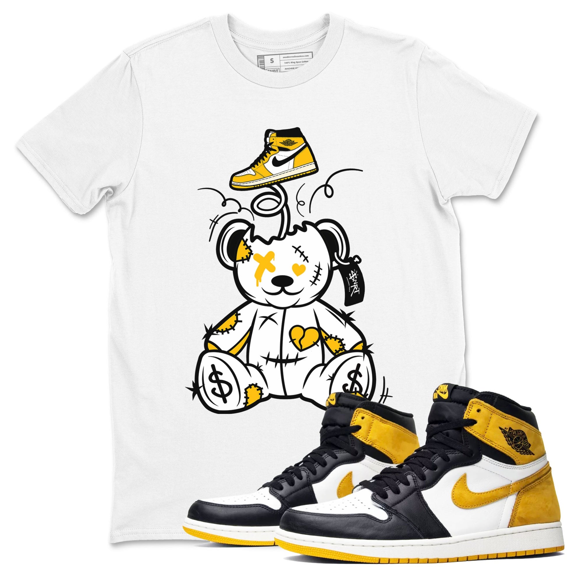 1s Yellow Ochre shirt to match jordans Surprise Teddy Bear sneaker tees streetwear brand Air Jordan 1 High OG Yellow Ochre SNRT Sneaker Release Tees unisex cotton White 1 crew neck shirt
