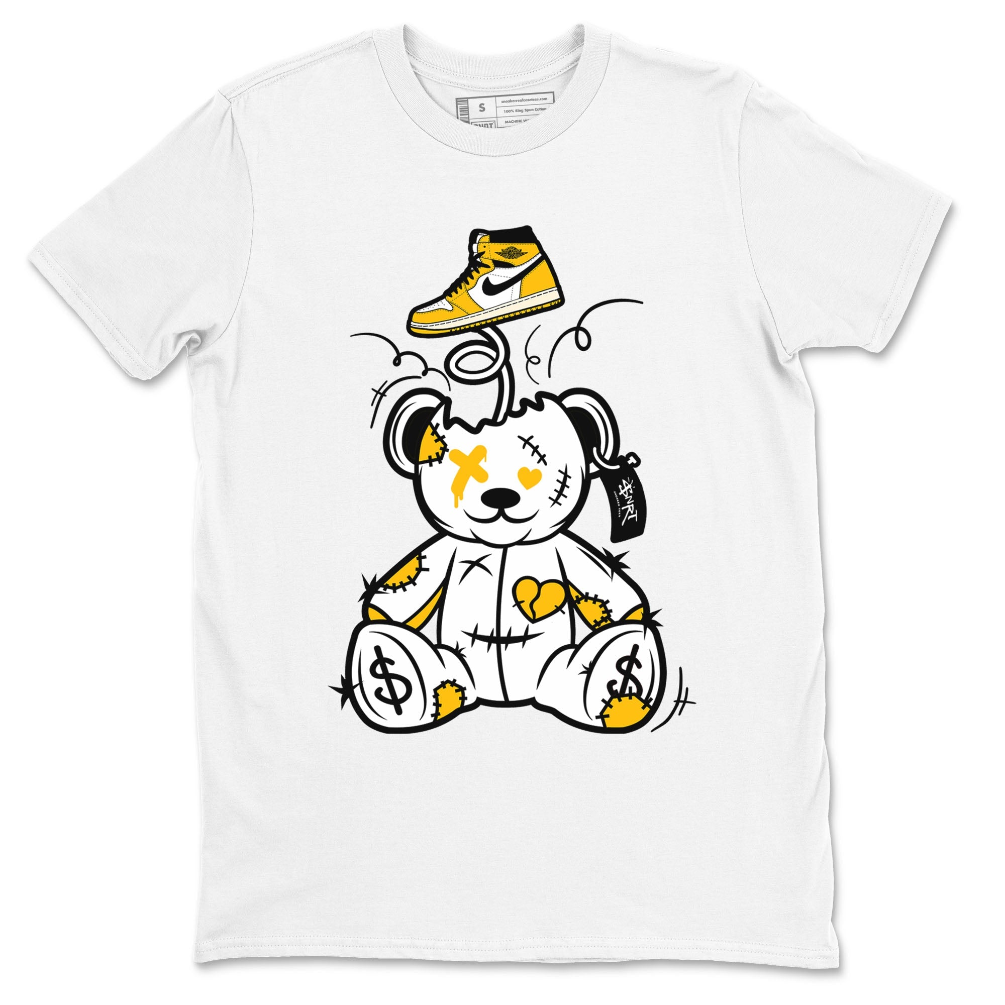 1s Yellow Ochre shirt to match jordans Surprise Teddy Bear sneaker tees streetwear brand Air Jordan 1 High OG Yellow Ochre SNRT Sneaker Release Tees unisex cotton White 2 crew neck shirt
