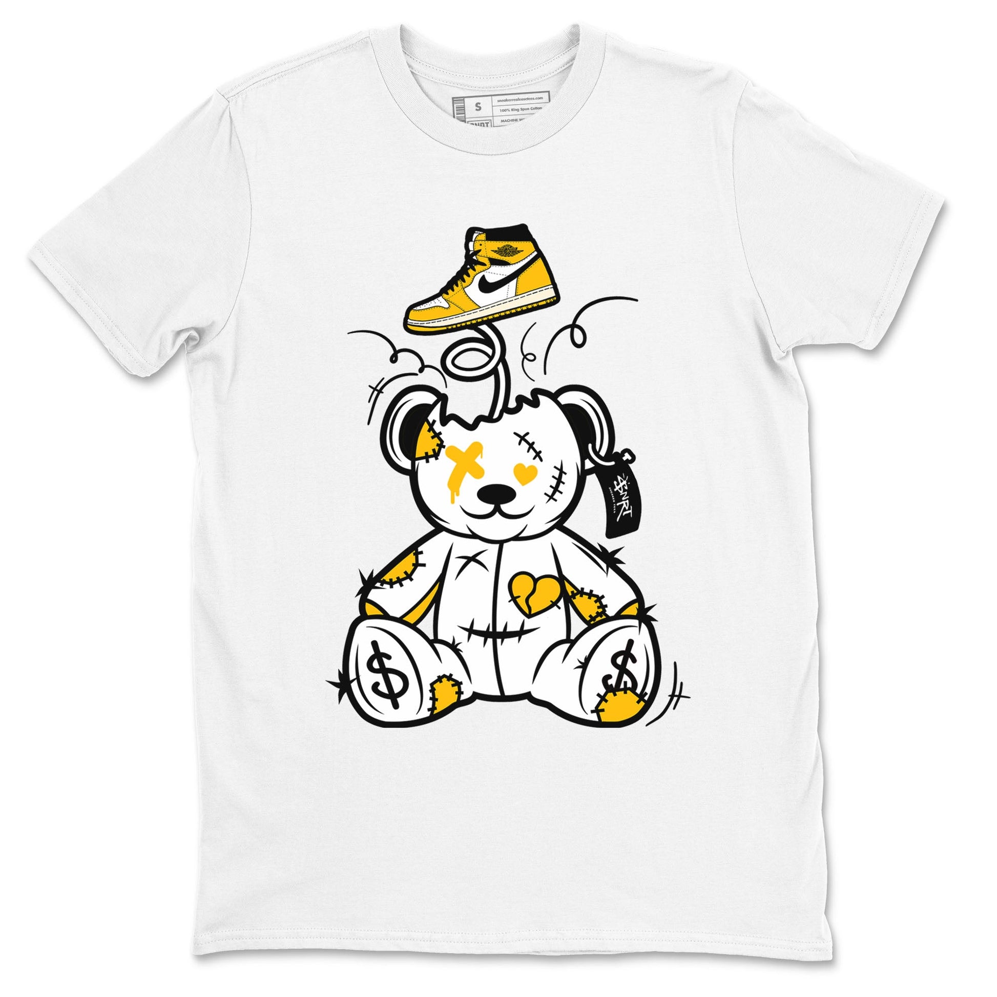 1s Yellow Ochre shirt to match jordans Surprise Teddy Bear sneaker tees streetwear brand Air Jordan 1 High OG Yellow Ochre SNRT Sneaker Release Tees unisex cotton White 2 crew neck shirt