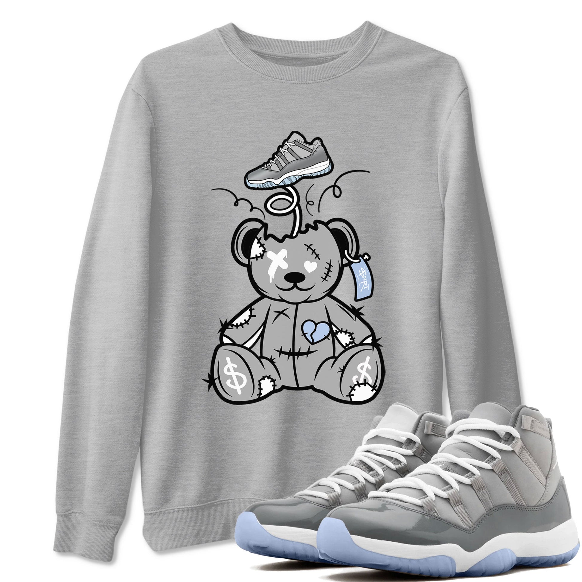 11s Cool Grey shirt to match jordans Surprise Teddy Bear sneaker tees Air Jordan 11 Cool Grey SNRT Sneaker Release Tees unisex cotton Heather Grey 1 crew neck shirt