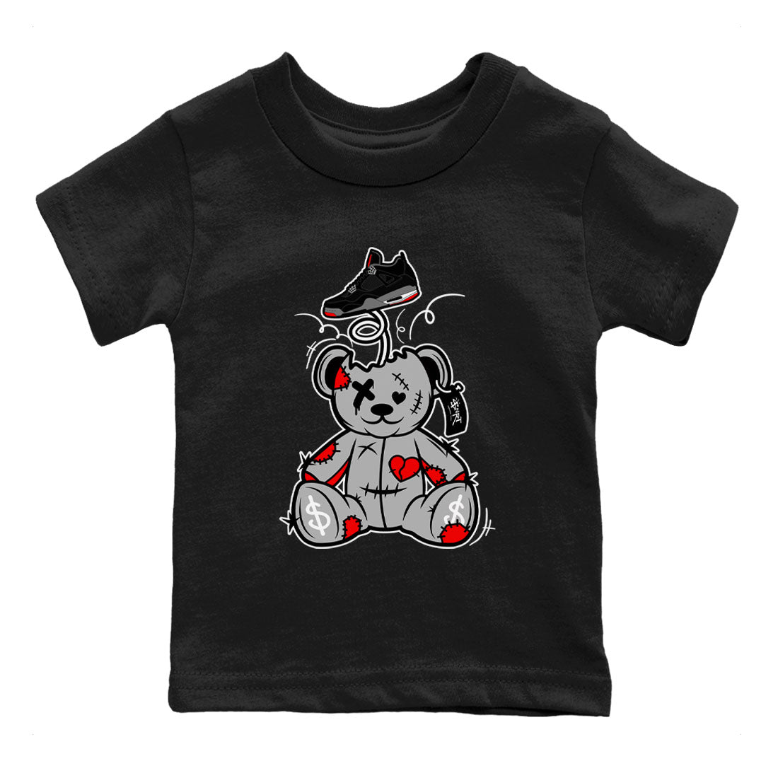 AJ4 Bred Reimagined shirt to match jordans Surprise Teddy Bear sneaker tees streetwear brand Air Jordan 4 Bred Reimagined SNRT sneaker release tees baby toddler Black 2 cotton Shirt