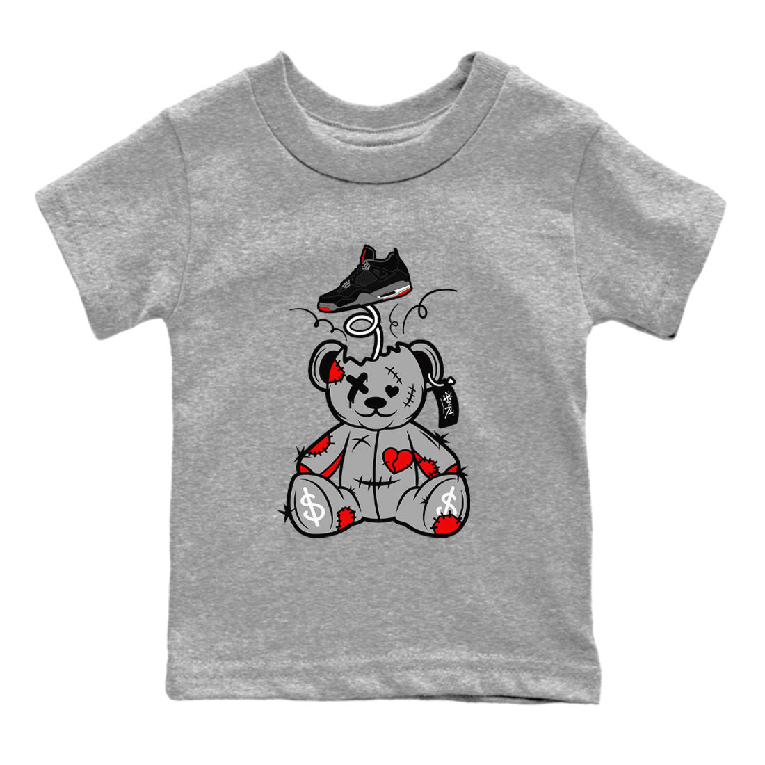 AJ4 Bred Reimagined shirt to match jordans Surprise Teddy Bear sneaker tees streetwear brand Air Jordan 4 Bred Reimagined SNRT sneaker release tees baby toddler Heather Grey 2 cotton Shirt