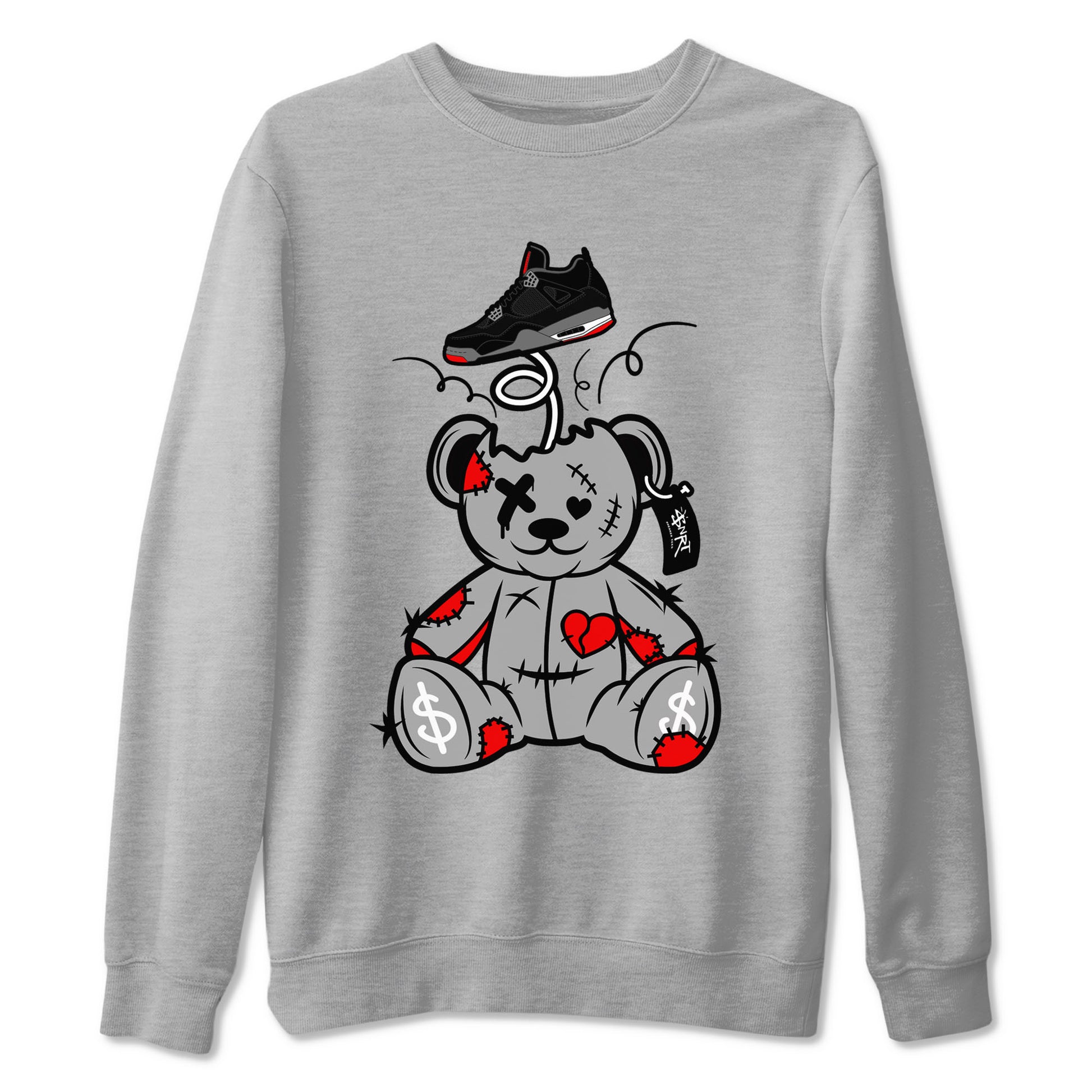AJ4 Bred Reimagined shirt to match jordans Surprise Teddy Bear sneaker tees streetwear brand Air Jordan 4 Bred Reimagined SNRT Sneaker Release Tees unisex cotton Heather Grey 2 crew neck shirt