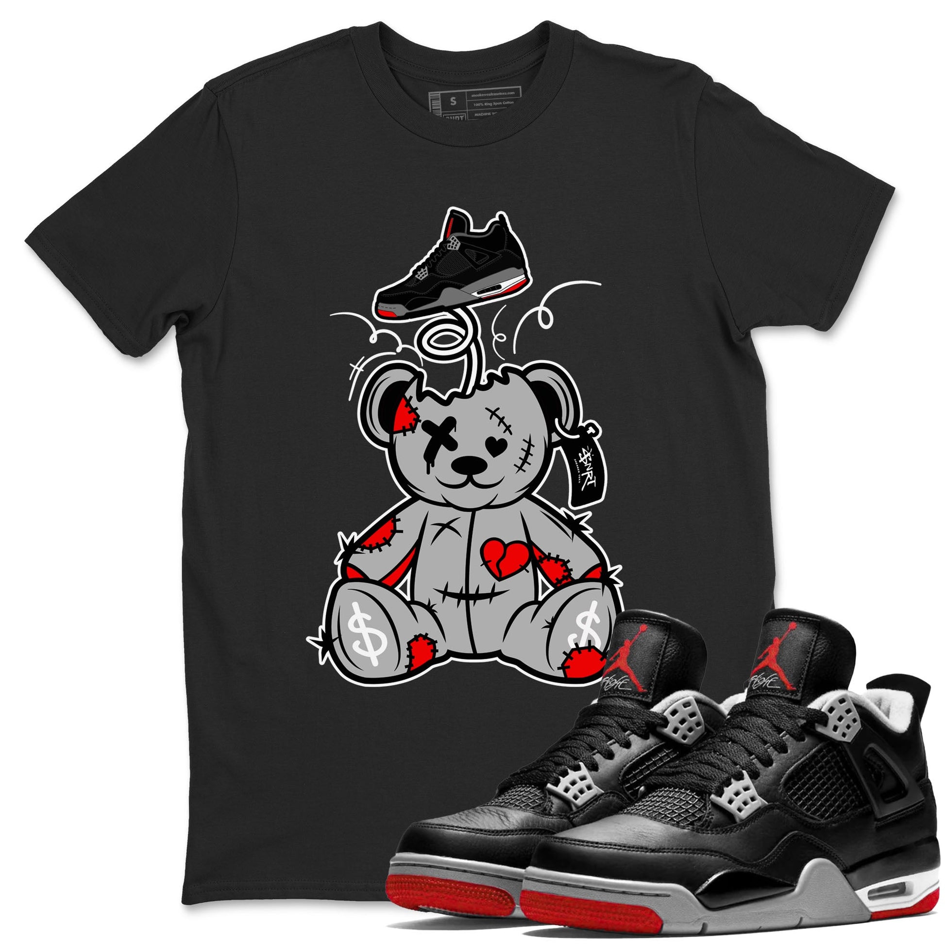 AJ4 Bred Reimagined shirt to match jordans Surprise Teddy Bear sneaker tees streetwear brand Air Jordan 4 Bred Reimagined SNRT Sneaker Release Tees unisex cotton Black 1 crew neck shirt