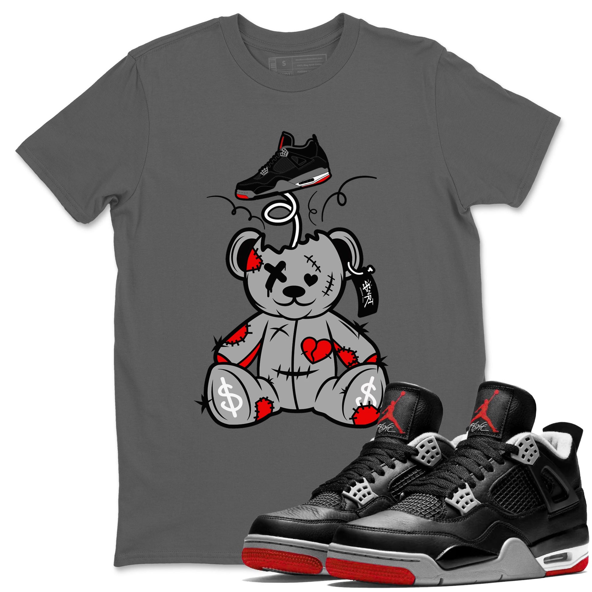AJ4 Bred Reimagined shirt to match jordans Surprise Teddy Bear sneaker tees streetwear brand Air Jordan 4 Bred Reimagined SNRT Sneaker Release Tees unisex cotton Cool Grey 1 crew neck shirt