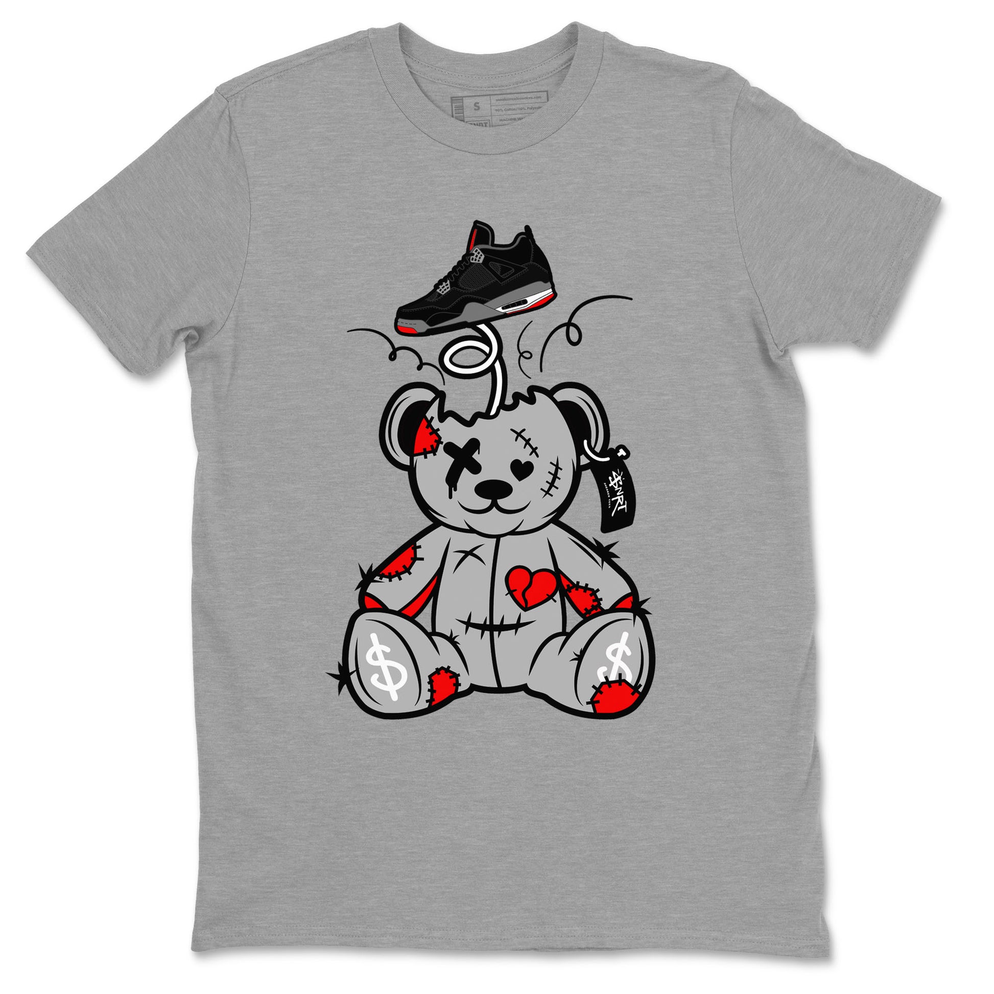 AJ4 Bred Reimagined shirt to match jordans Surprise Teddy Bear sneaker tees streetwear brand Air Jordan 4 Bred Reimagined SNRT Sneaker Release Tees unisex cotton Heather Grey 2 crew neck shirt