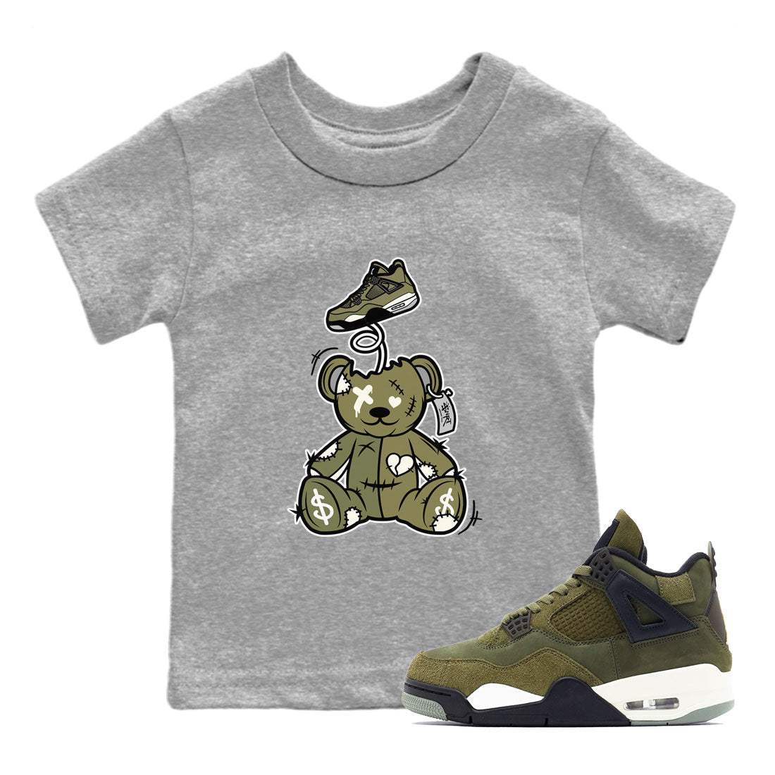 Air Jordan 4 Medium Olive shirt to match jordans Surprise Teddy Bear sneaker tees Air Jordan 4 Medium Olive SNRT Sneaker Tees Baby Toddler Heather Grey 1 T-Shirt