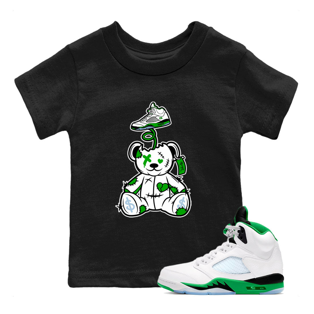 Jordan 5 Retro Lucky Green shirt to match jordans Surprise Teddy Bear sneaker tees AJ5 Retro Lucky Green SNRT Sneaker Tees Kids Youth Sneaker Matching Shirt Black 1 T-Shirt