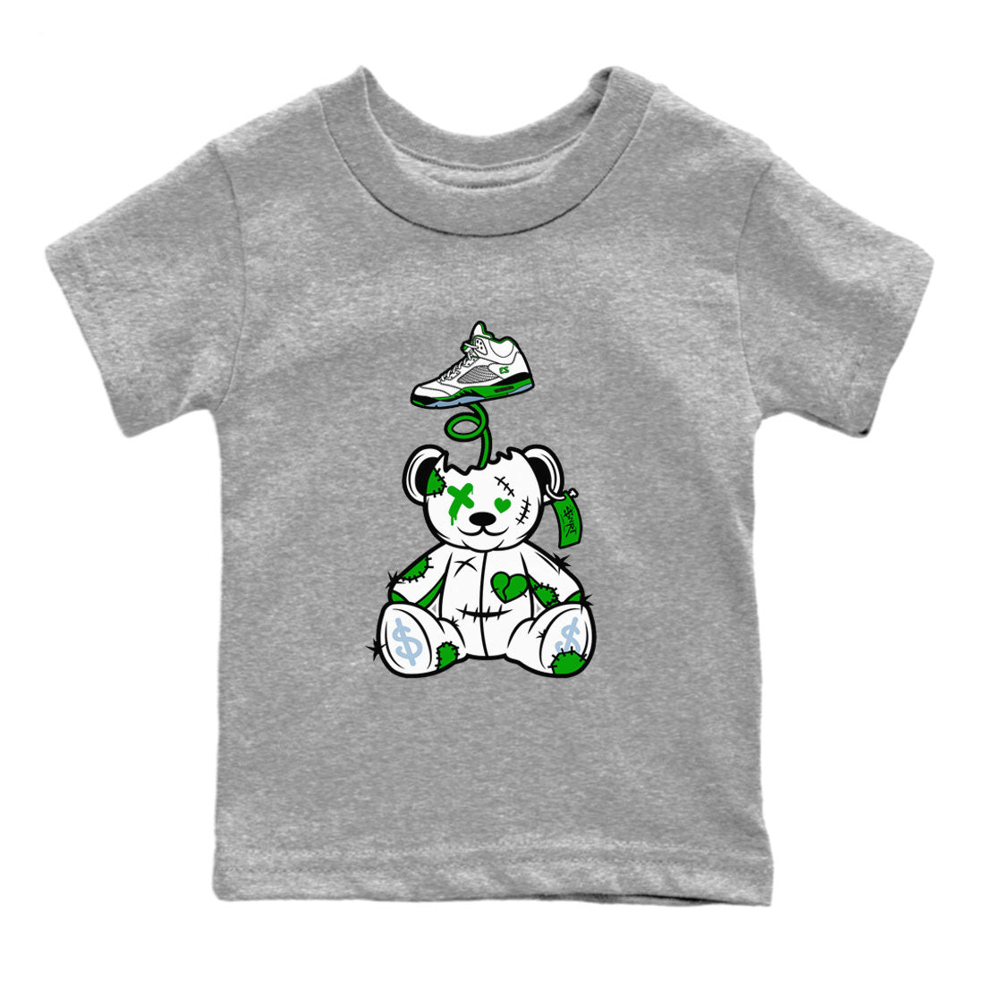 Jordan 5 Retro Lucky Green shirt to match jordans Surprise Teddy Bear sneaker tees AJ5 Retro Lucky Green SNRT Sneaker Tees Kids Youth Sneaker Matching Shirt Heather Grey 2 T-Shirt