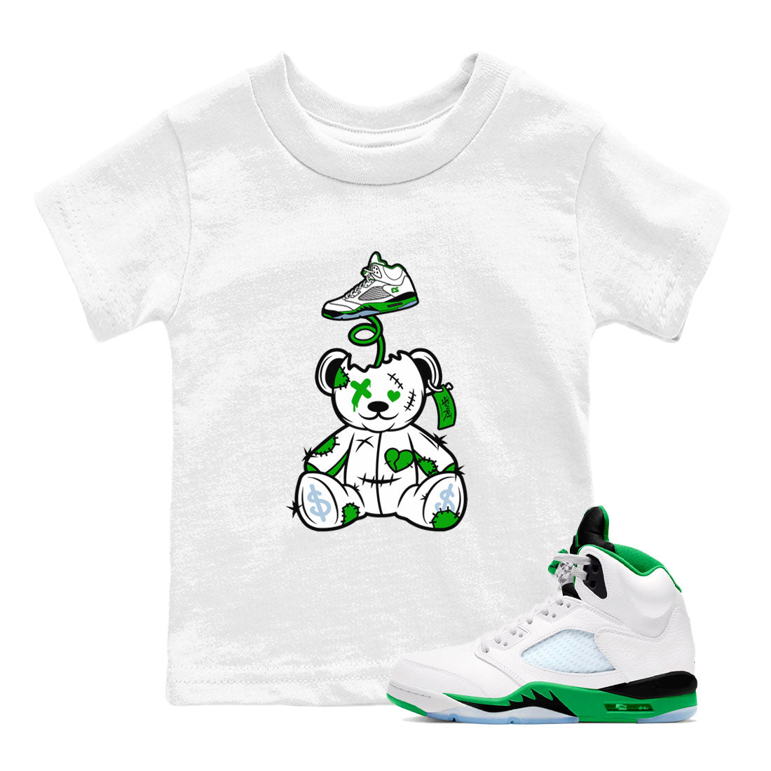 Jordan 5 Retro Lucky Green shirt to match jordans Surprise Teddy Bear sneaker tees AJ5 Retro Lucky Green SNRT Sneaker Tees Kids Youth Sneaker Matching Shirt White 1 T-Shirt