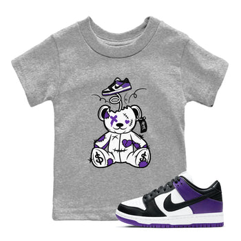 Surprise Teddy Bear sneaker match tees to Court Purple Dunks street fashion brand for shirts to match Jordans SNRT Sneaker Tees Dunk Low Court Purple unisex t-shirt Heather Grey 1 youth shirt