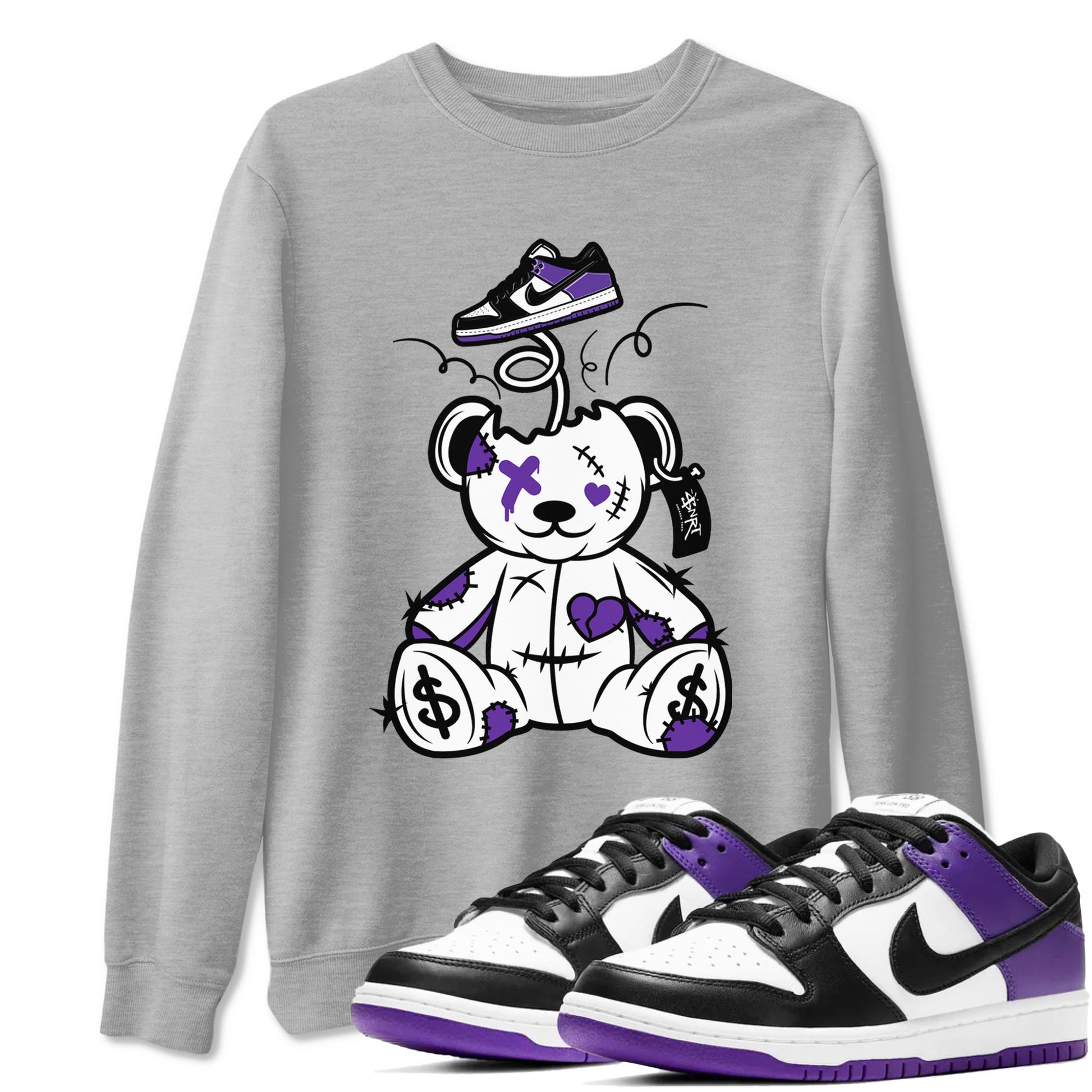 Surprise Teddy Bear sneaker match tees to Court Purple Dunks street fashion brand for shirts to match Jordans SNRT Sneaker Tees Dunk Low Court Purple unisex t-shirt Heather Grey 1 unisex shirt