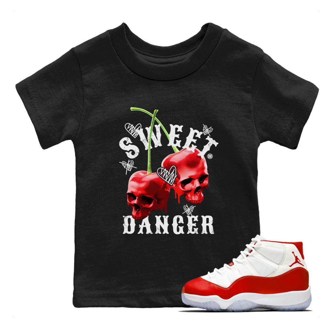 Air Jordan 11 Cherry Sneaker Match Tees Sweet Danger Sneaker Tees 11s Cherry Sneaker Release Tees AJ11 Varsity Red Kids Shirts Black 1