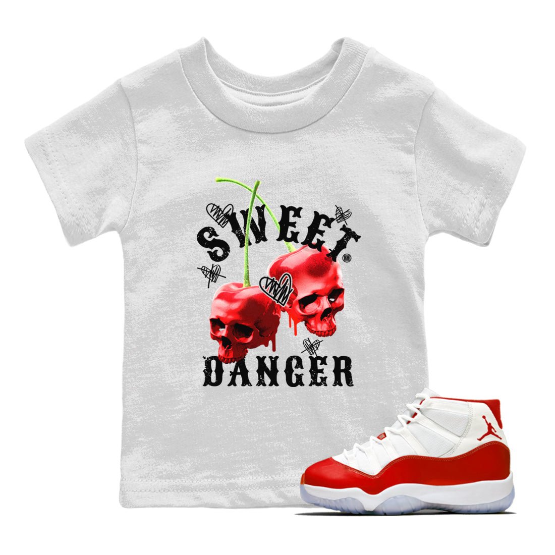 Air Jordan 11 Cherry Sneaker Match Tees Sweet Danger Sneaker Tees 11s Cherry Sneaker Release Tees AJ11 Varsity Red Kids Shirts White 1