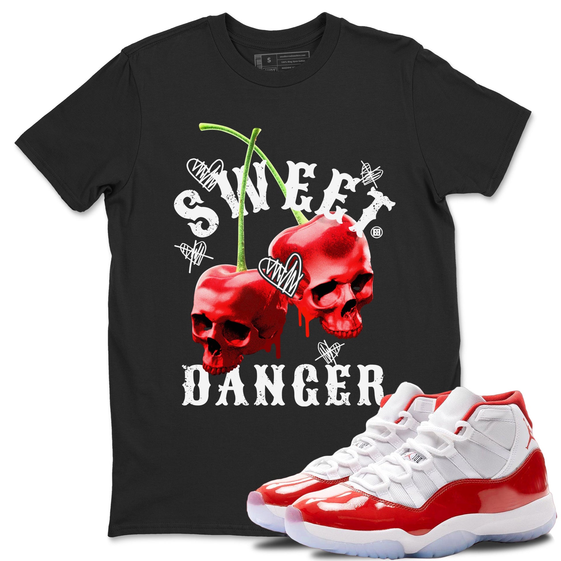 Air Jordan 11 Cherry Sneaker Match Tees Sweet Danger Sneaker Tees 11s Cherry Sneaker Release Tees AJ11 Varsity Red Unisex Shirts Black 1