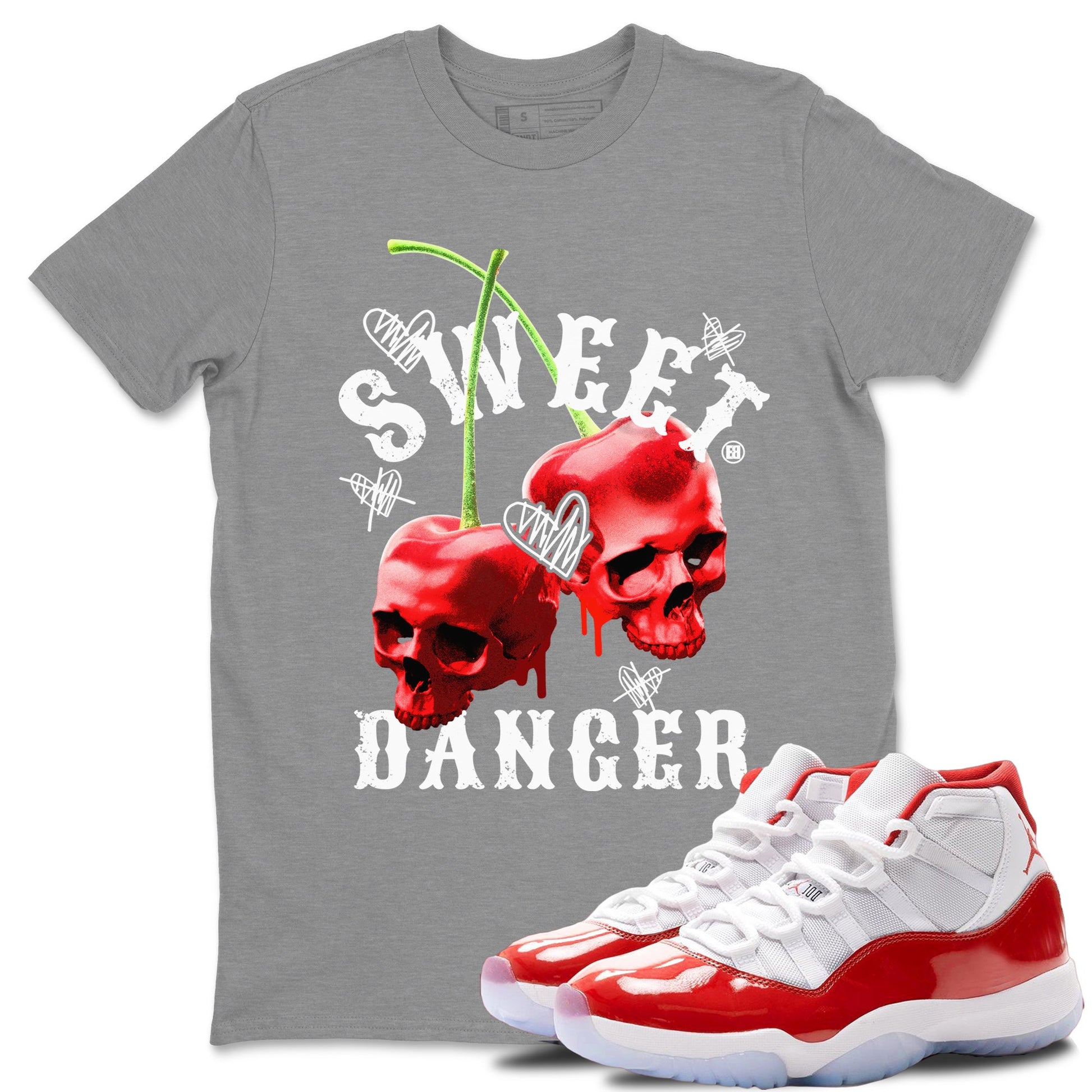 Air Jordan 11 Cherry Sneaker Match Tees Sweet Danger Sneaker Tees 11s Cherry Sneaker Release Tees AJ11 Varsity Red Unisex Shirts Heather Grey 1