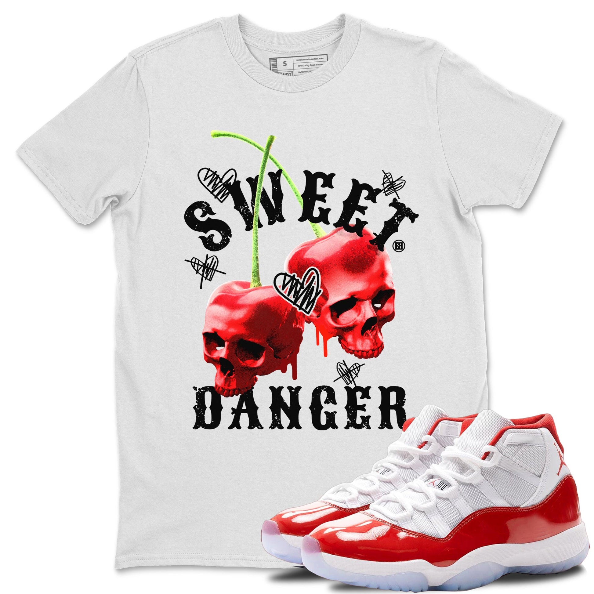 Air Jordan 11 Cherry Sneaker Match Tees Sweet Danger Sneaker Tees 11s Cherry Sneaker Release Tees AJ11 Varsity Red Unisex Shirts White 1