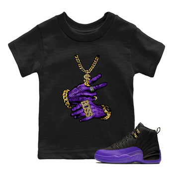 Air Jordan 12 Field Purple Sneaker Match Tees Tattoo Hands Sneaker Tees AJ12 Field Purple Sneaker Release Tees Kids Shirts Black 1