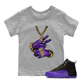 Air Jordan 12 Field Purple Sneaker Match Tees Tattoo Hands Sneaker Tees AJ12 Field Purple Sneaker Release Tees Kids Shirts Heather Grey 1