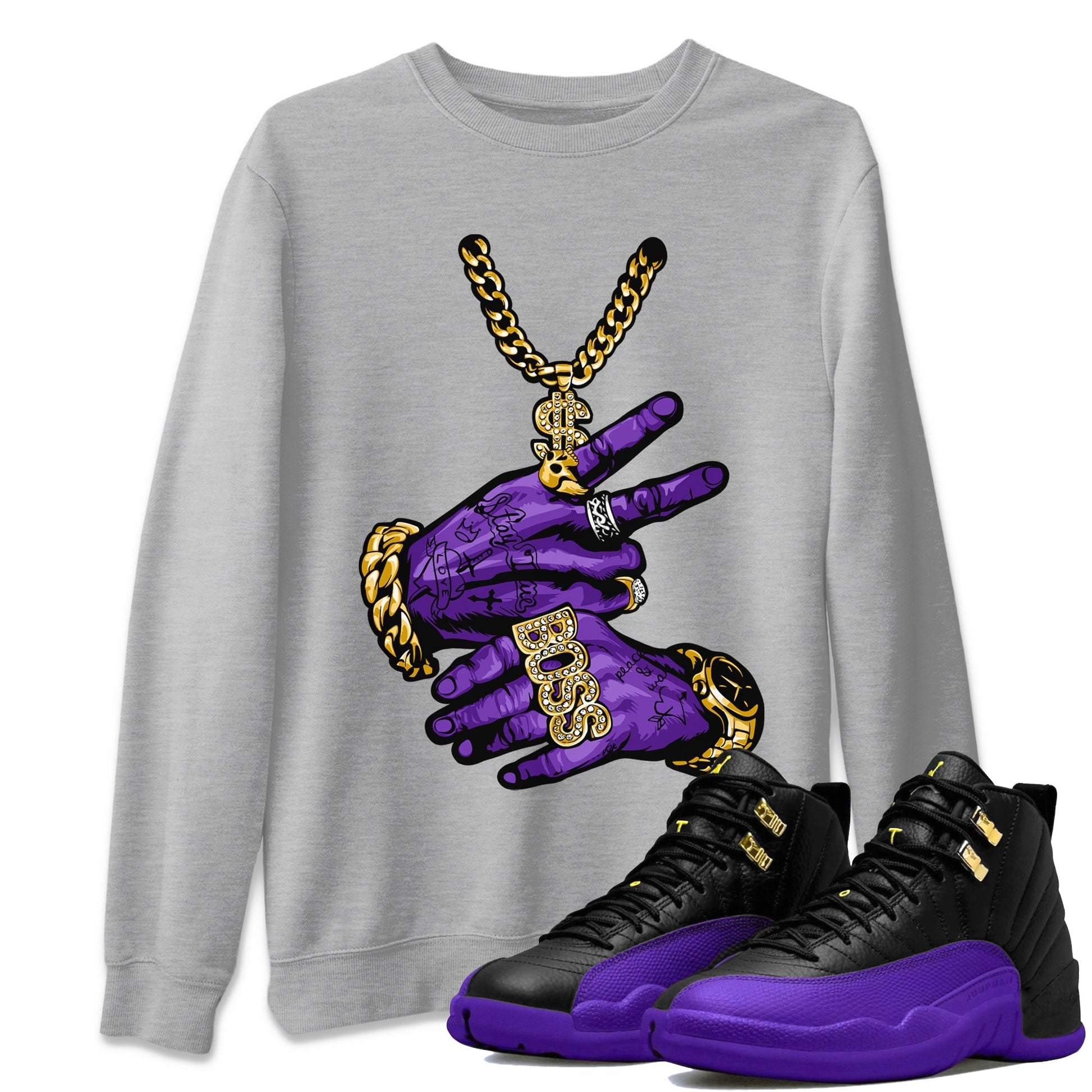 Air Jordan 12 Field Purple Sneaker Match Tees Tattoo Hands Sneaker Tees AJ12 Field Purple Sneaker Release Tees Unisex Shirts Heather Grey 1