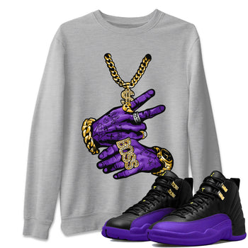 Air Jordan 12 Field Purple Sneaker Match Tees Tattoo Hands Sneaker Tees AJ12 Field Purple Sneaker Release Tees Unisex Shirts Heather Grey 1