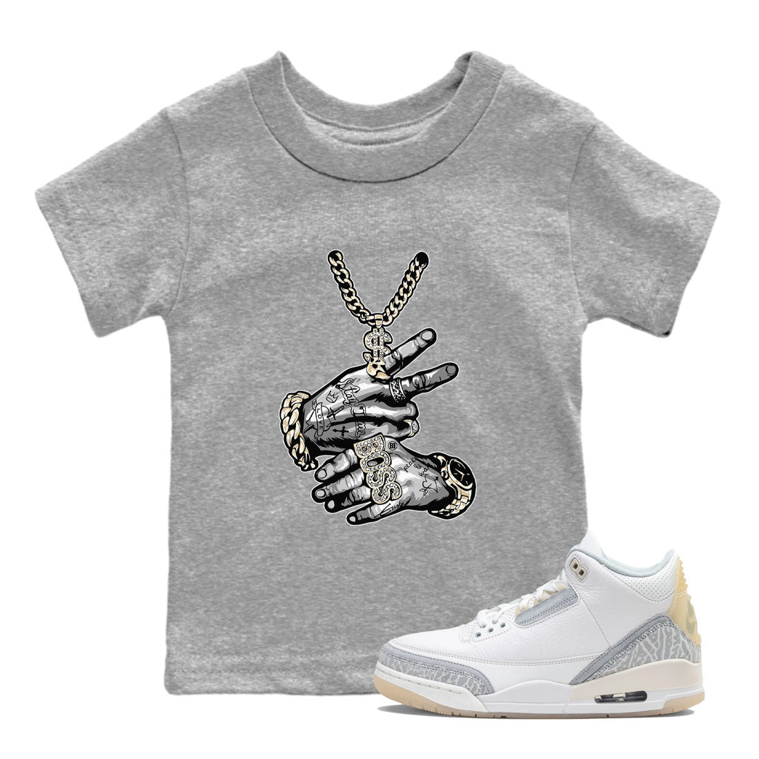 Air Jordan 3 Craft Ivory shirt to match jordans Tatto Hands sneaker tees 3s Ivory SNRT sneaker release tees baby toddler Heather Grey 1 cotton Shirt