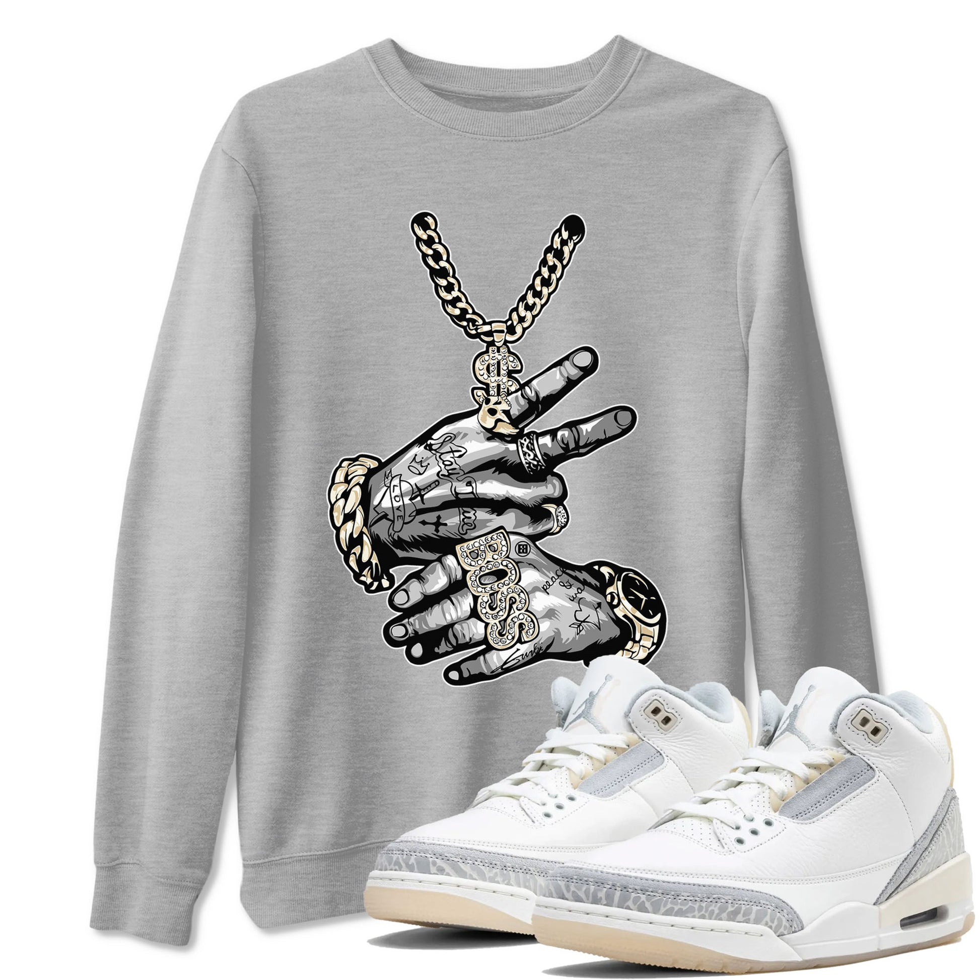 Air Jordan 3 Craft Ivory shirt to match jordans Tatto Hands sneaker tees 3s Ivory SNRT Sneaker Release Tees unisex cotton Heather Grey 1 crew neck shirt