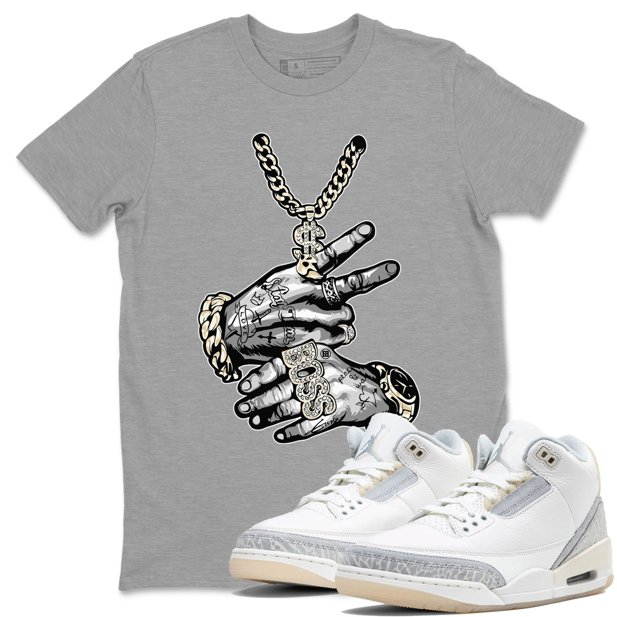 Air Jordan 3 Craft Ivory shirt to match jordans Tatto Hands sneaker tees 3s Ivory SNRT Sneaker Release Tees unisex cotton Heather Grey 1 crew neck shirt