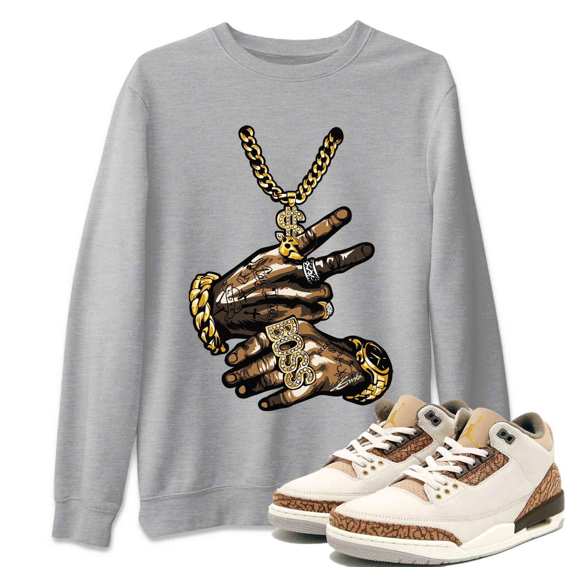 Air Jordan 3 Palomino Sneaker Match Tees Tattoo Hands Sneaker Tees Jordan 3 Palomino Sneaker Release Tees Unisex Shirts Heather Grey 1