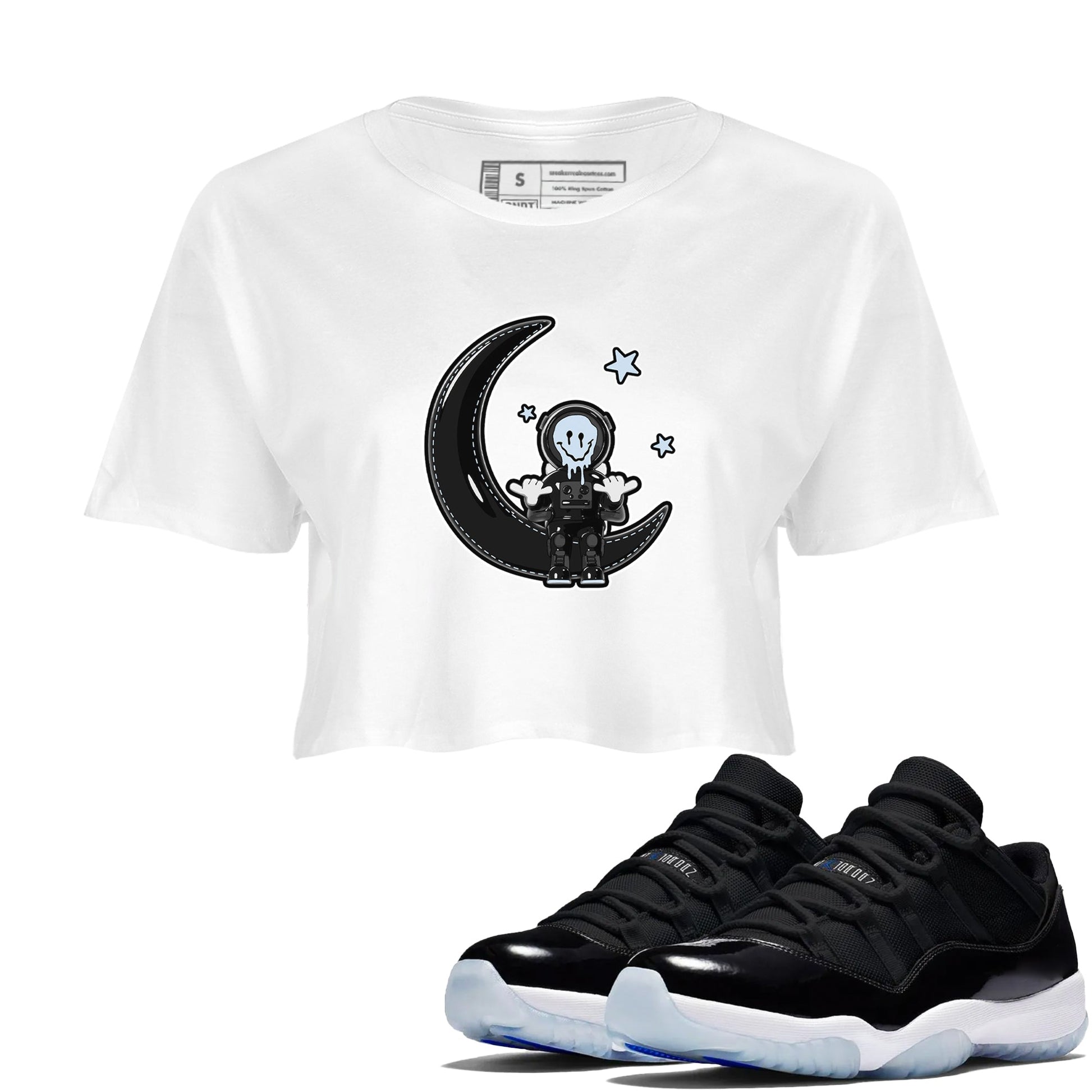 Air Jordan 11 Space Jam shirt to match jordans The Astronaut sneaker tees AJ11 Space Jam SNRT Sneaker Release Tees White 1 Crop T-Shirt