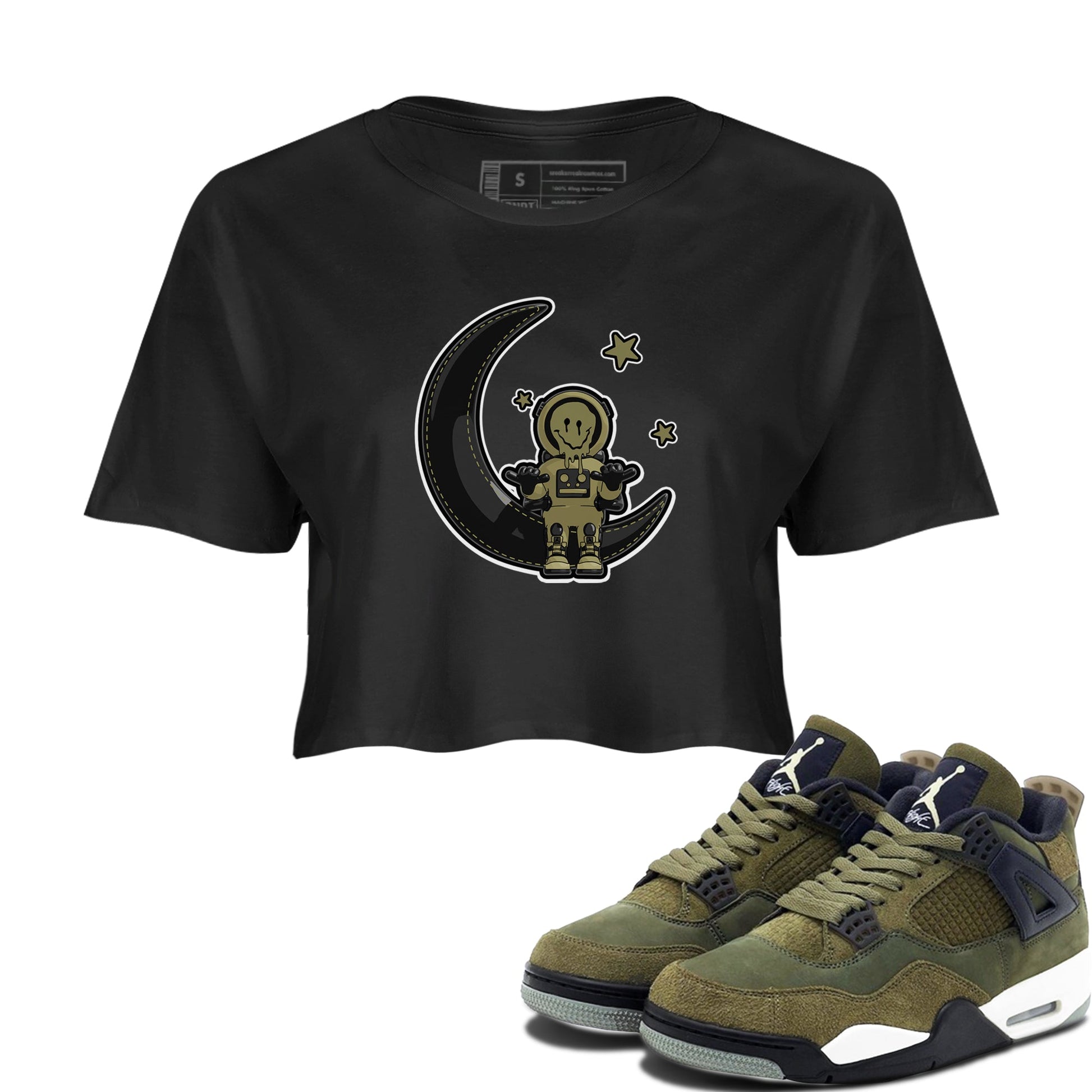 Air Jordan 4 Medium Olive shirt to match jordans The Astronaut sneaker tees AJ4 Medium Olive SNRT Sneaker Release Tees Black 1 Crop T-Shirt