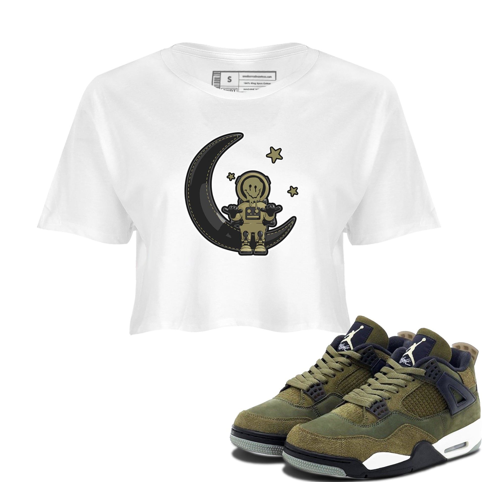 Air Jordan 4 Medium Olive shirt to match jordans The Astronaut sneaker tees AJ4 Medium Olive SNRT Sneaker Release Tees White 1 Crop T-Shirt