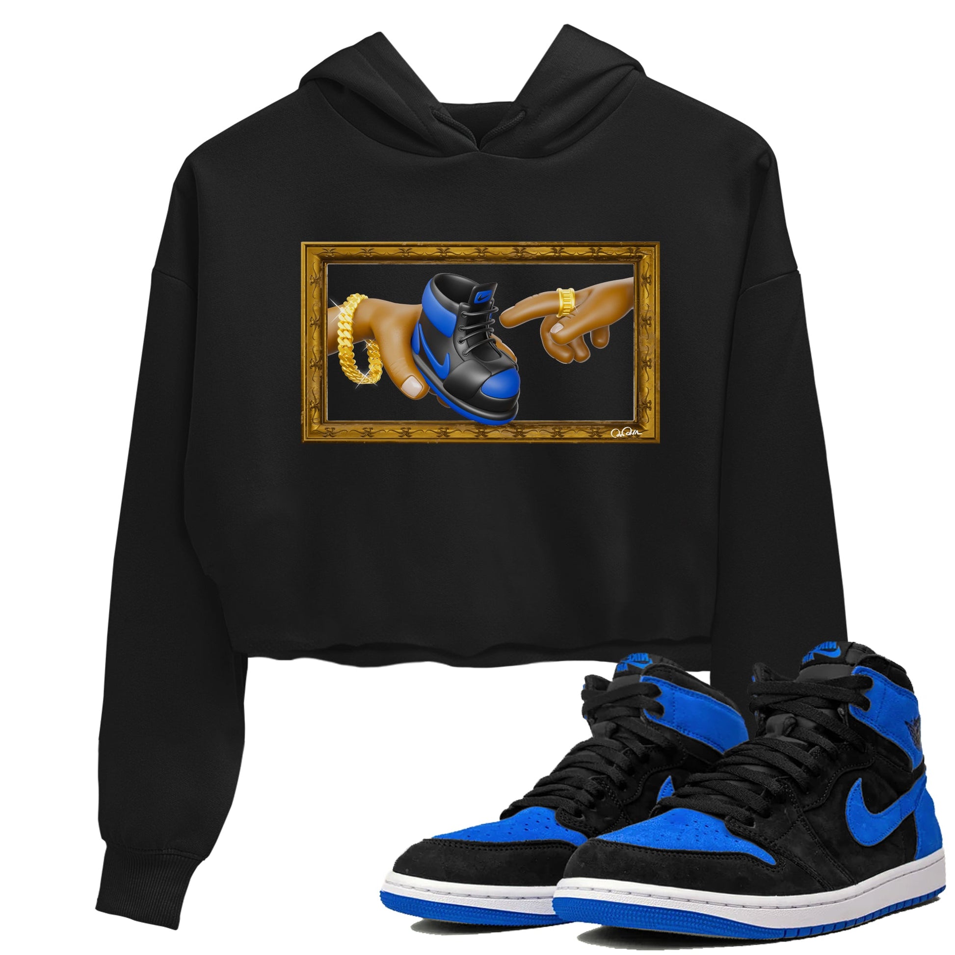 Air Jordan 1 Royal Reimagined shirt to match jordans The Creation of Adam sneaker tees AJ1 Royal Reimagined SNRT Sneaker Release Tees Black 1 Crop T-Shirt