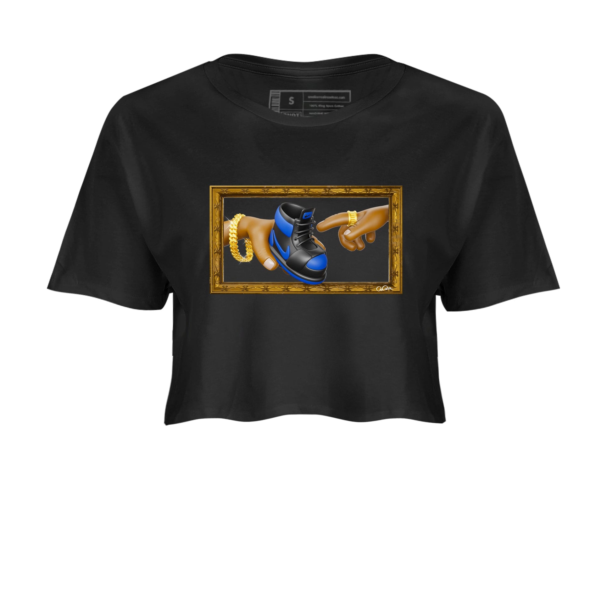 Air Jordan 1 Royal Reimagined shirt to match jordans The Creation of Adam sneaker tees AJ1 Royal Reimagined SNRT Sneaker Release Tees Black 2 Crop T-Shirt