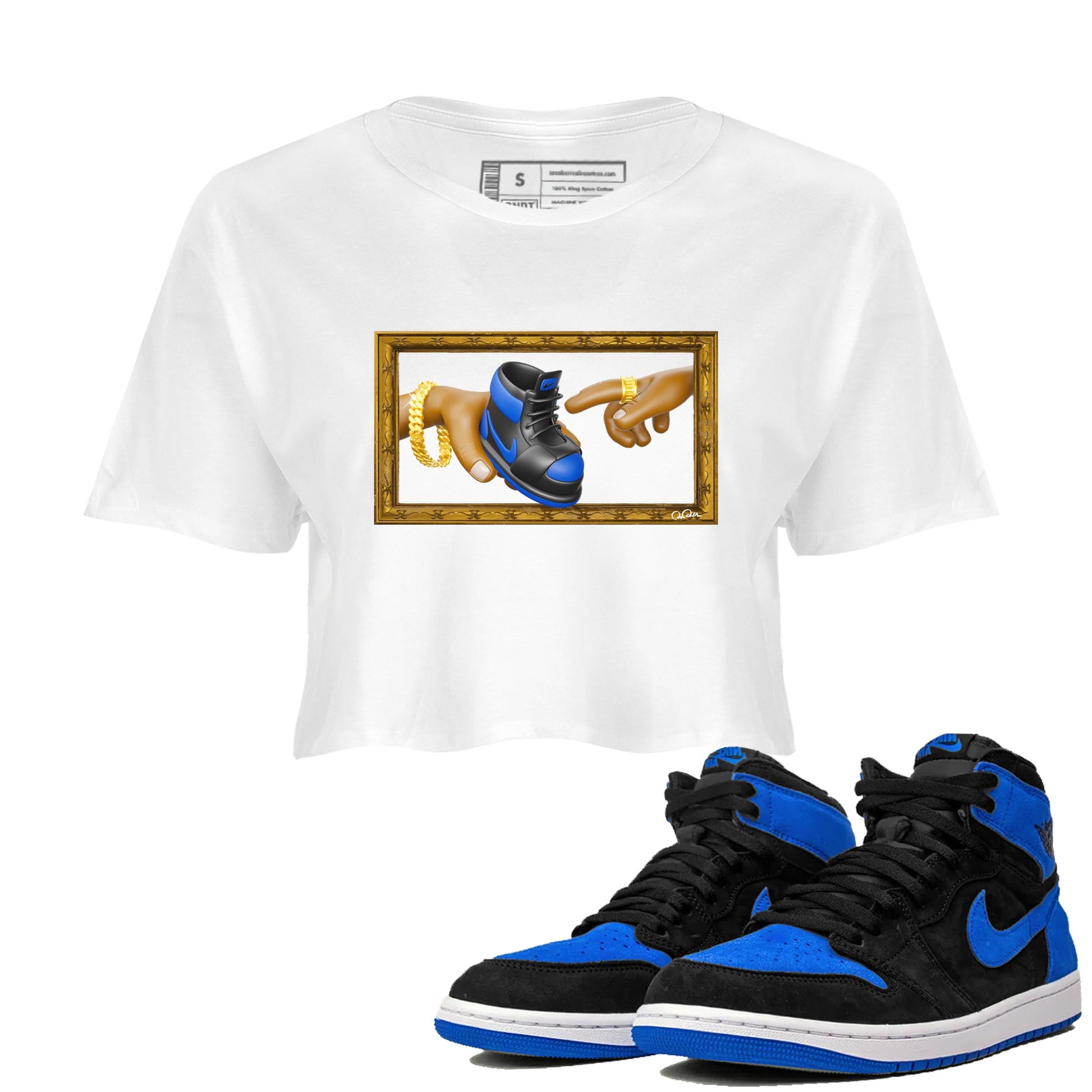 Air Jordan 1 Royal Reimagined shirt to match jordans The Creation of Adam sneaker tees AJ1 Royal Reimagined SNRT Sneaker Release Tees White 1 Crop T-Shirt