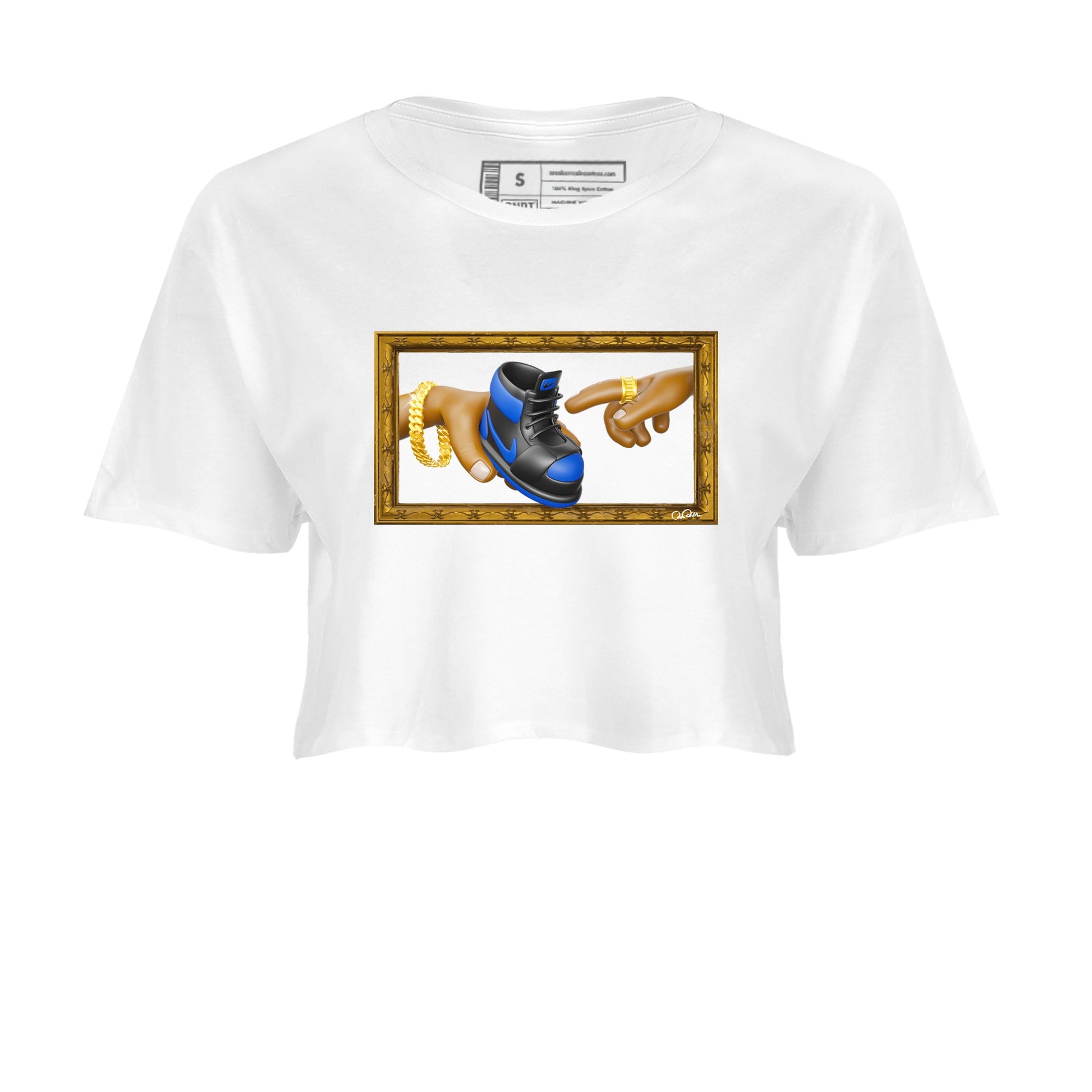 Air Jordan 1 Royal Reimagined shirt to match jordans The Creation of Adam sneaker tees AJ1 Royal Reimagined SNRT Sneaker Release Tees White 2 Crop T-Shirt
