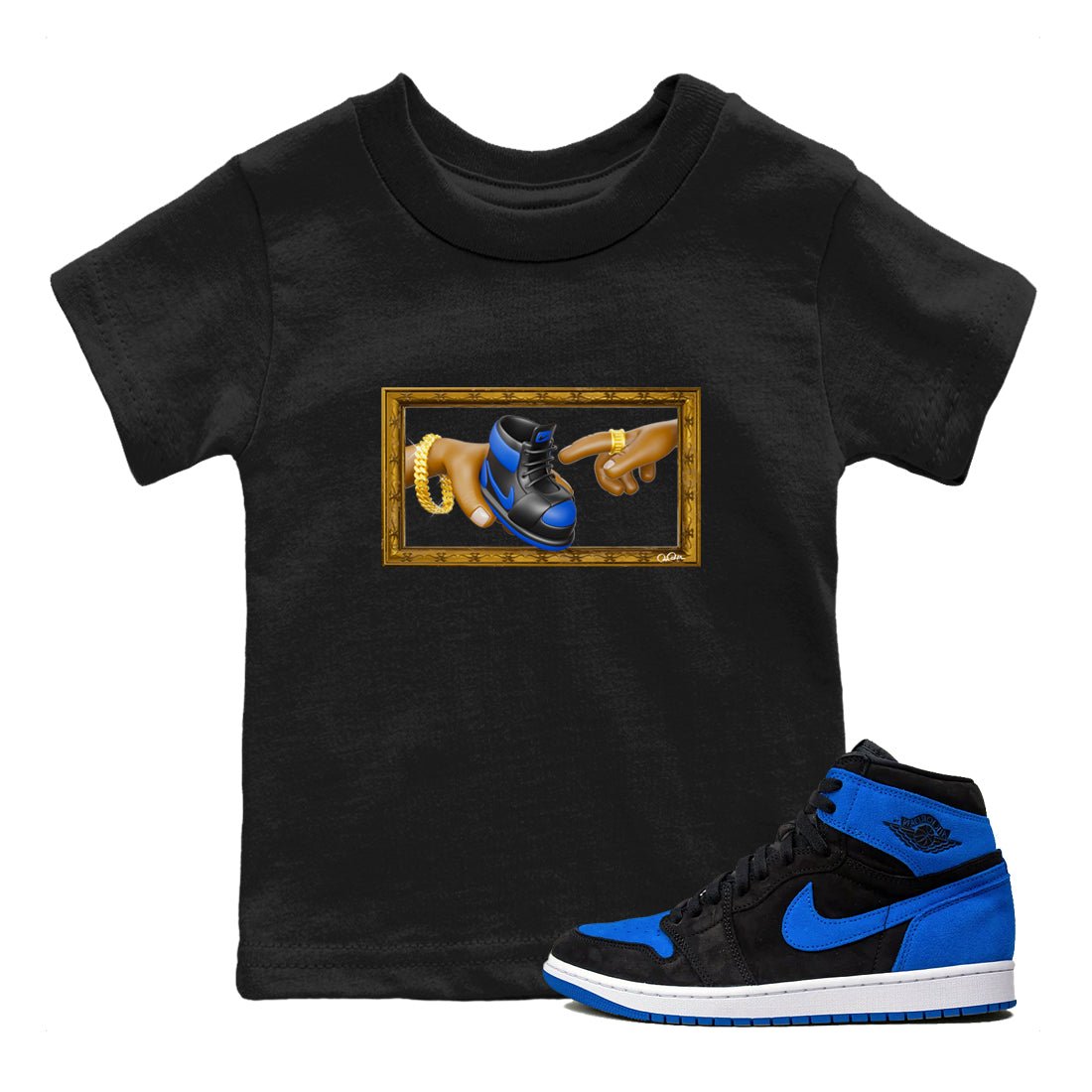 Air Jordan 1 Royal Reimagined shirt to match jordans The Creation of Adam sneaker tees AJ1 Royal Reimagined SNRT Sneaker Release Tees Baby Toddler Black 1 T-Shirt