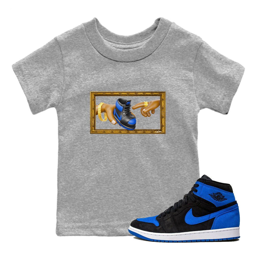 Air Jordan 1 Royal Reimagined shirt to match jordans The Creation of Adam sneaker tees AJ1 Royal Reimagined SNRT Sneaker Release Tees Baby Toddler Heather Grey 1 T-Shirt