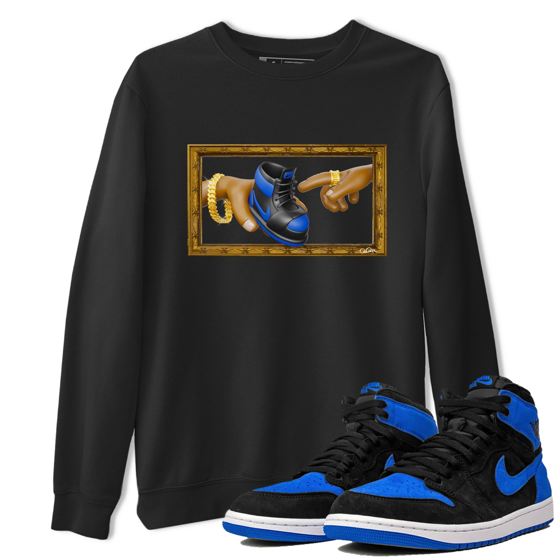 Air Jordan 1 Royal Reimagined shirt to match jordans The Creation of Adam sneaker tees AJ1 Royal Reimagined SNRT Sneaker Release Tees Unisex Black 1 T-Shirt