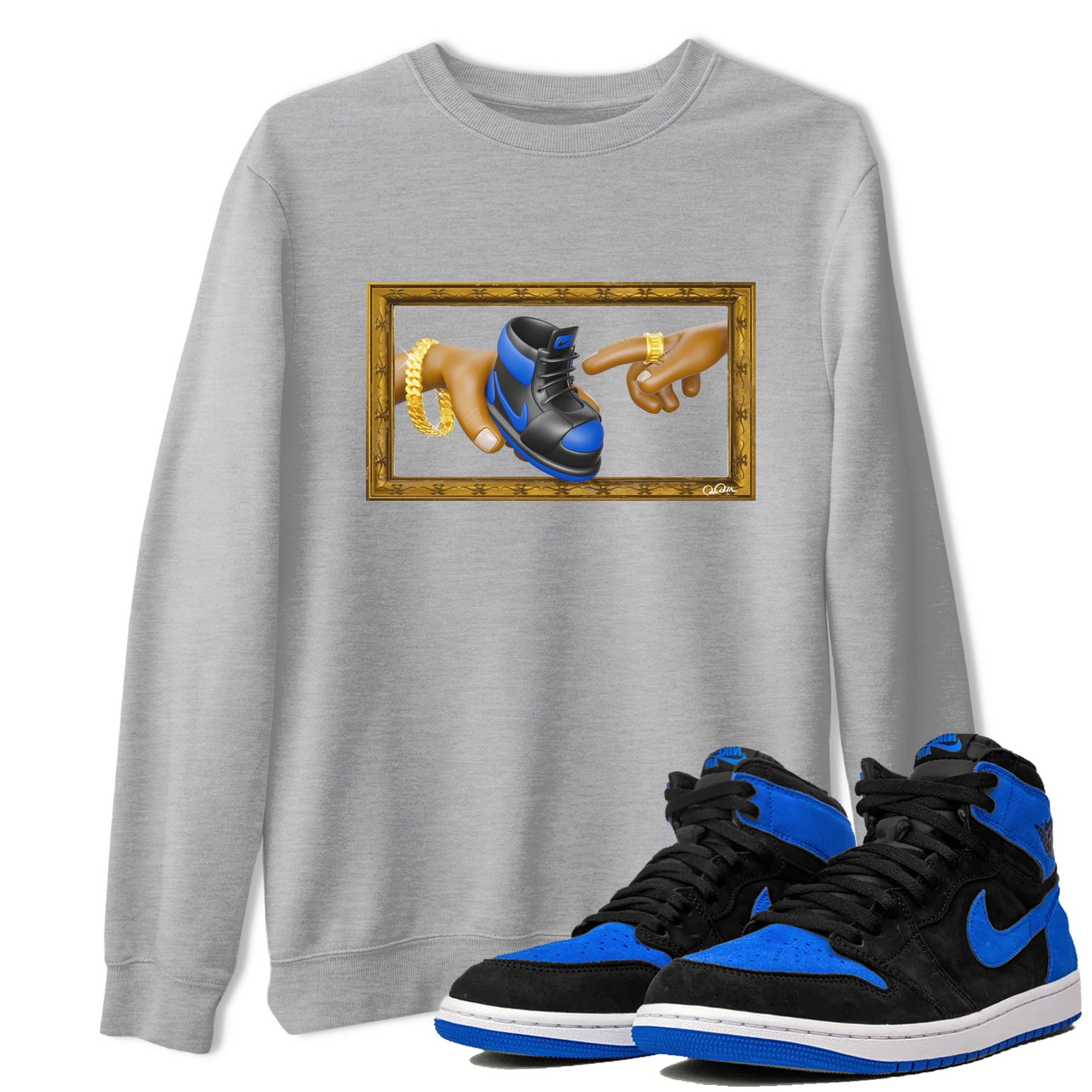 Air Jordan 1 Royal Reimagined shirt to match jordans The Creation of Adam sneaker tees AJ1 Royal Reimagined SNRT Sneaker Release Tees Unisex Heather Grey 1 T-Shirt