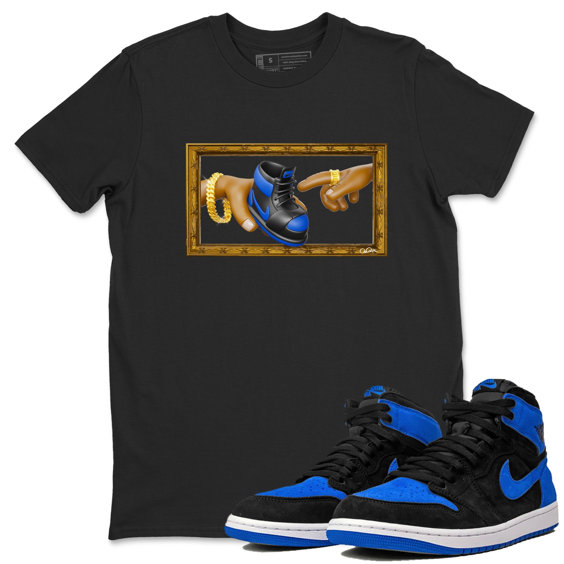 Air Jordan 1 Royal Reimagined shirt to match jordans The Creation of Adam sneaker tees AJ1 Royal Reimagined SNRT Sneaker Release Tees Unisex Black 1 T-Shirt
