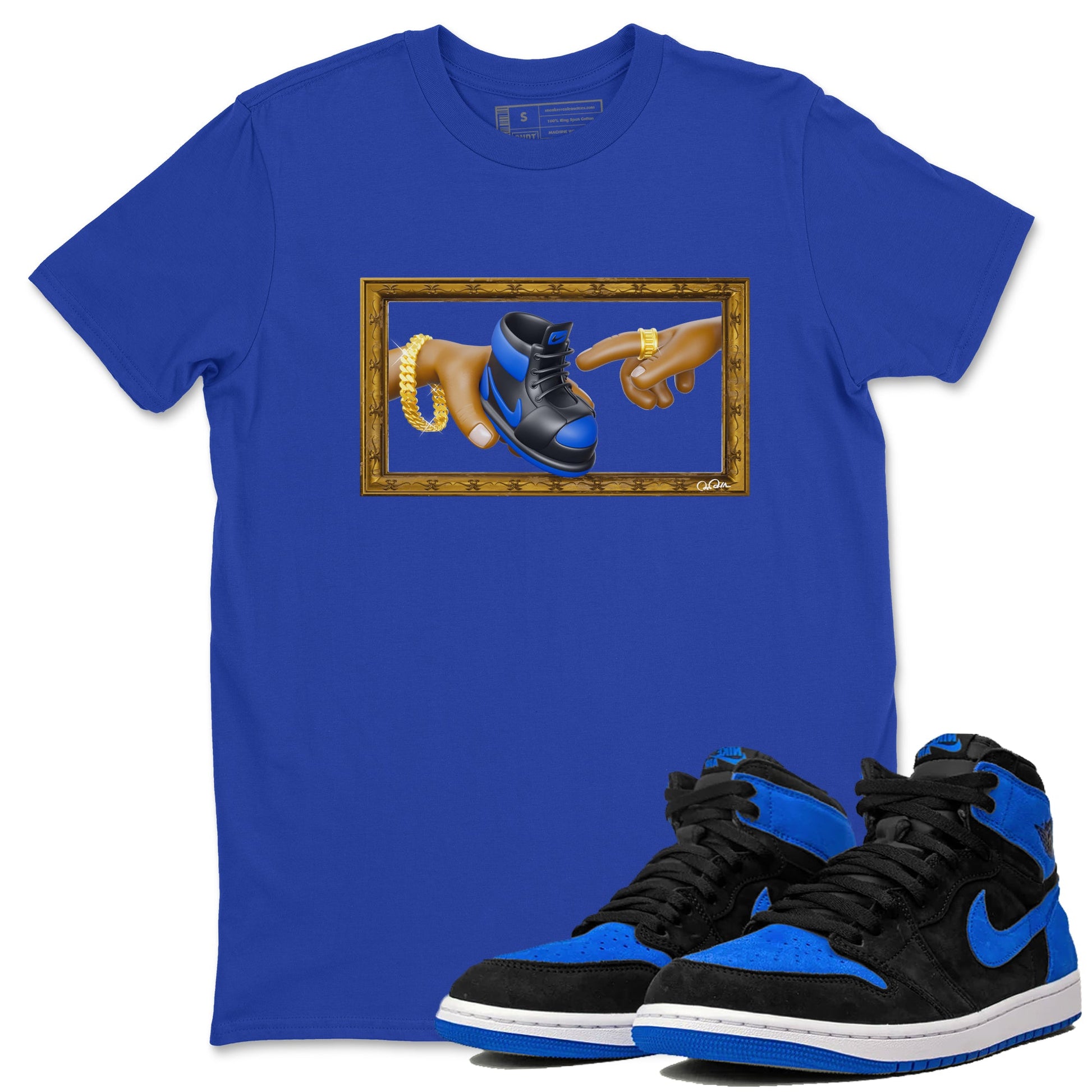 Air Jordan 1 Royal Reimagined shirt to match jordans The Creation of Adam sneaker tees AJ1 Royal Reimagined SNRT Sneaker Release Tees Unisex Royal Blue 1 T-Shirt